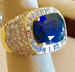 AGL Certified  No Heat  Natural 11.81 Ct Blue Sapphire & Diamond 18K Gold Ring