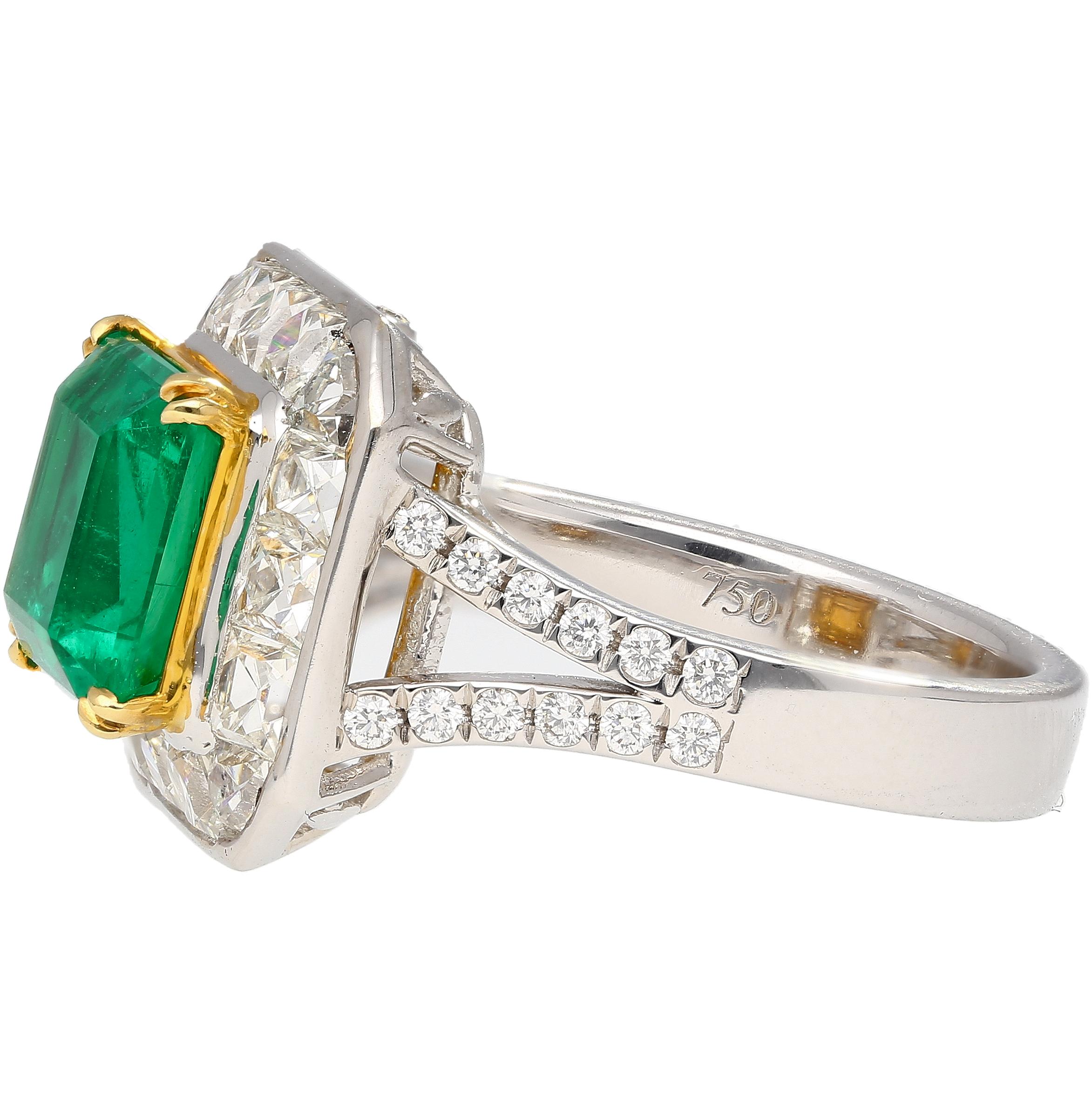Art Deco AGL Certified No Oil 2.54 Carat Colombian Emerald & Old French Cut Diamond Ring For Sale