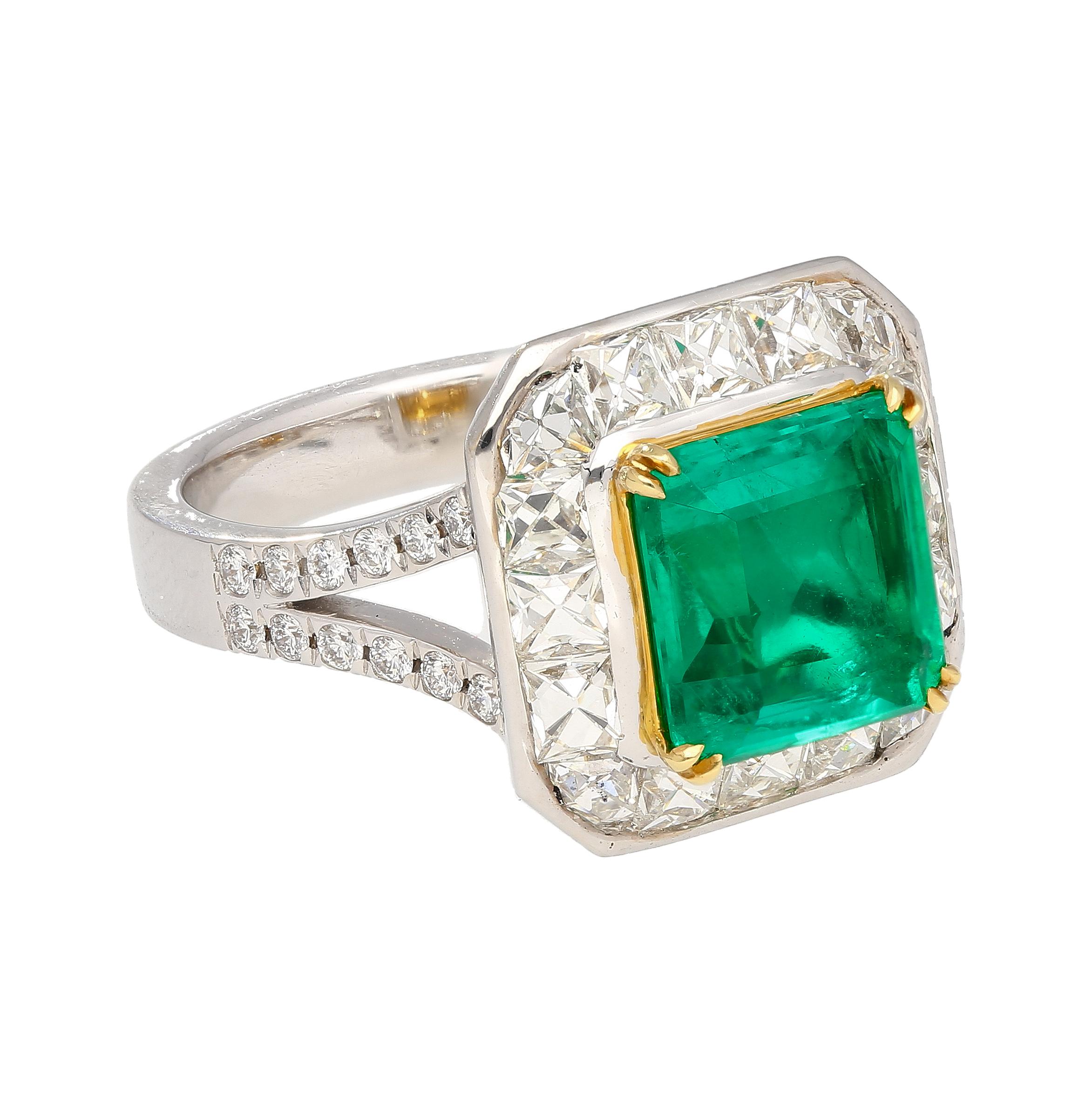 Emerald Cut AGL Certified No Oil 2.54 Carat Colombian Emerald & Old French Cut Diamond Ring For Sale