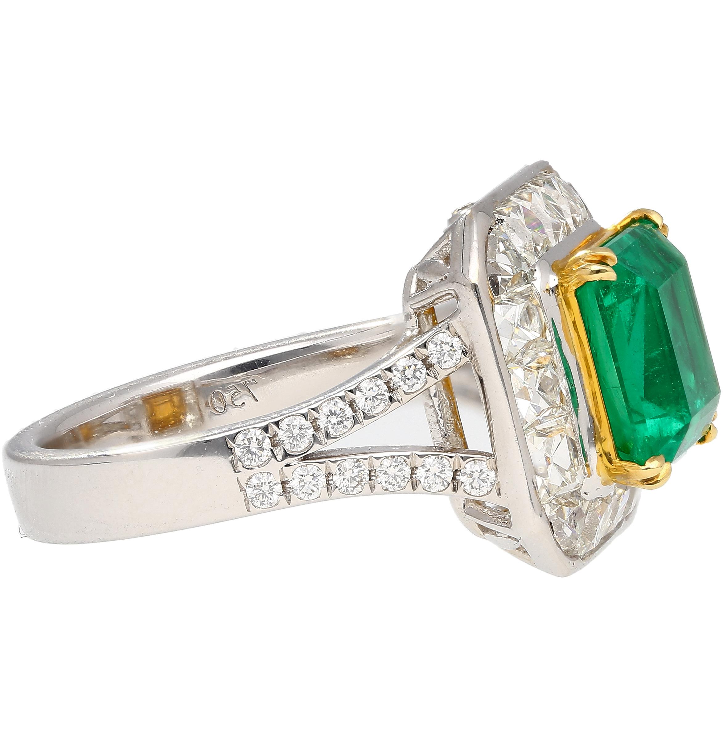 Women's AGL Certified No Oil 2.54 Carat Colombian Emerald & Old French Cut Diamond Ring For Sale