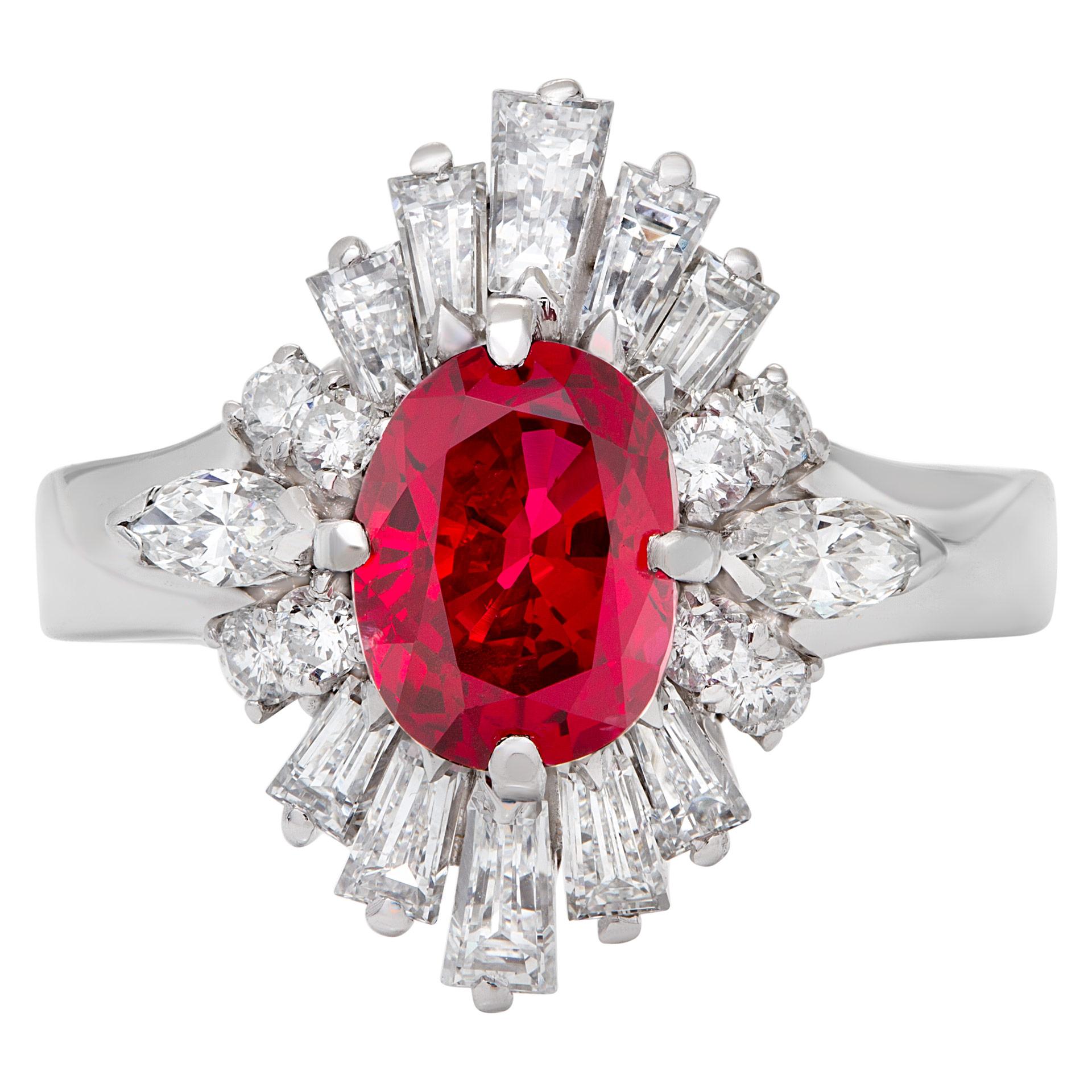 AGL certified oval 1.81 carat center ruby (heated, color excellent, Thailand origin) ring with 1.22 cts tapered baguette, marquise and round diamonds mounted in platinum. Size 6.  This AGL certified ring is currently size 6 and some items can be