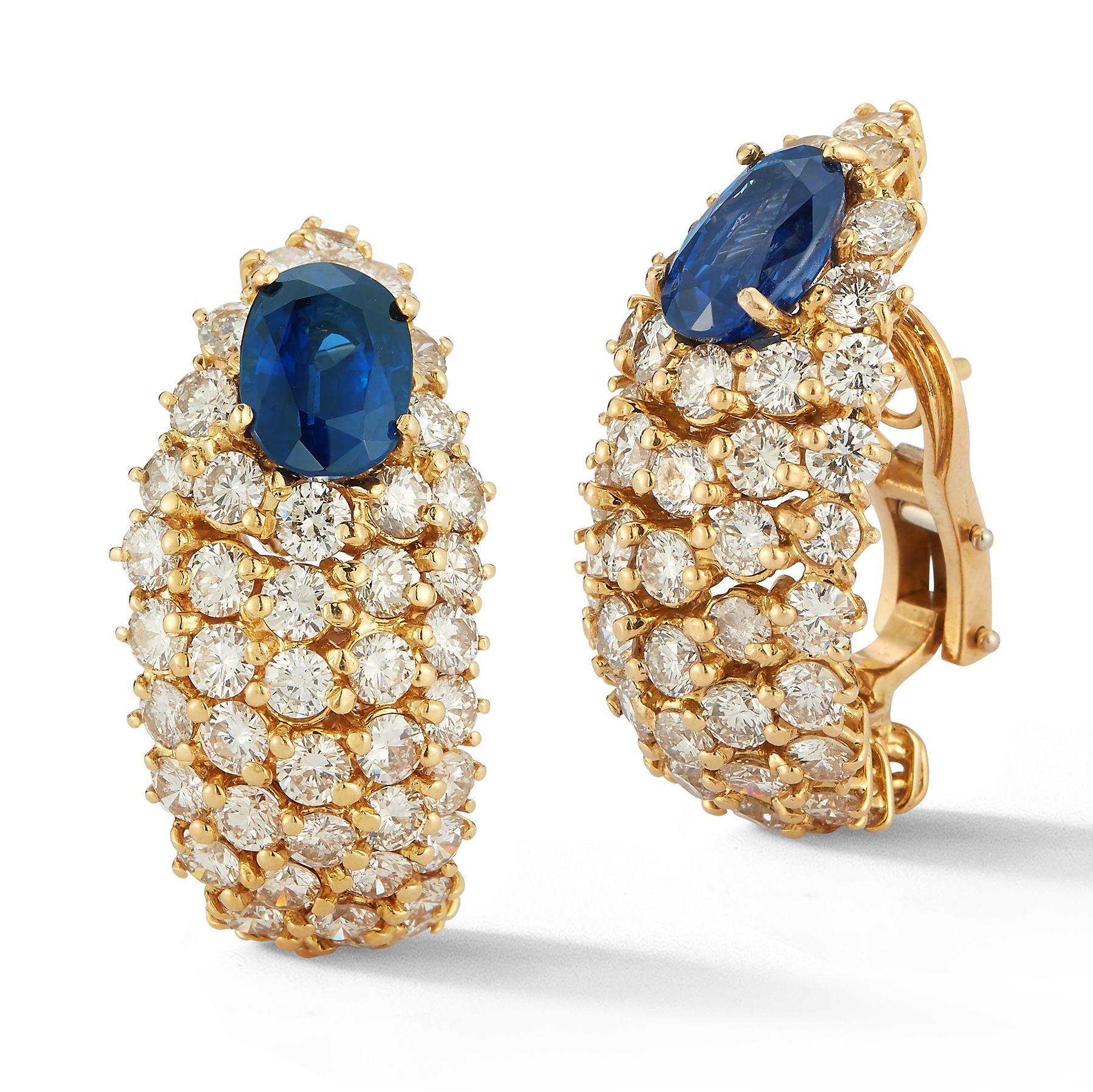 Women's AGL Certified Oval Cut Sapphire & Diamond Gold Earrings For Sale