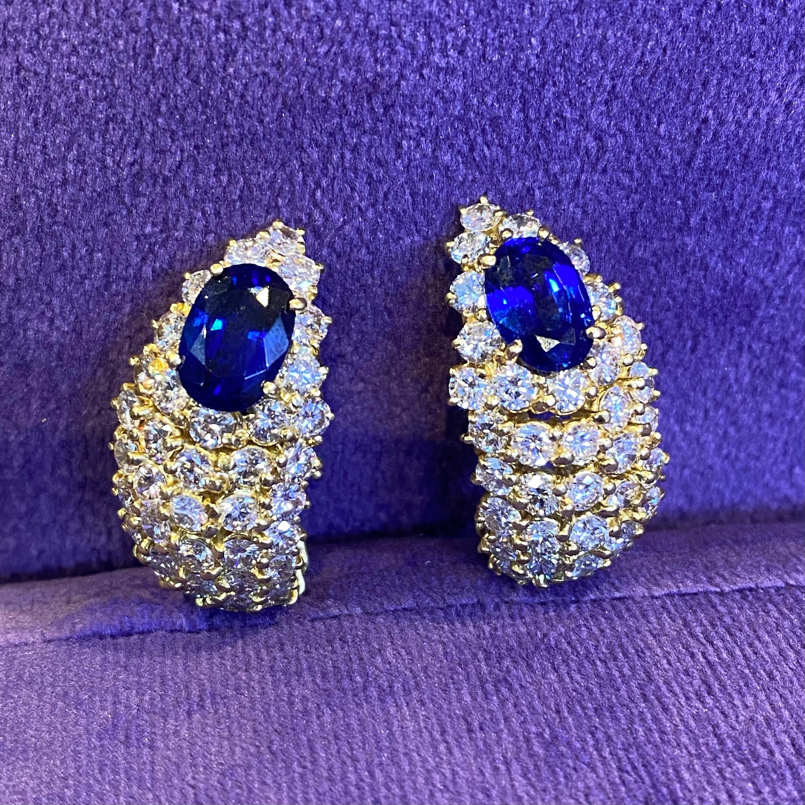AGL Certified Oval Cut Sapphire & Diamond Gold Earrings For Sale 1