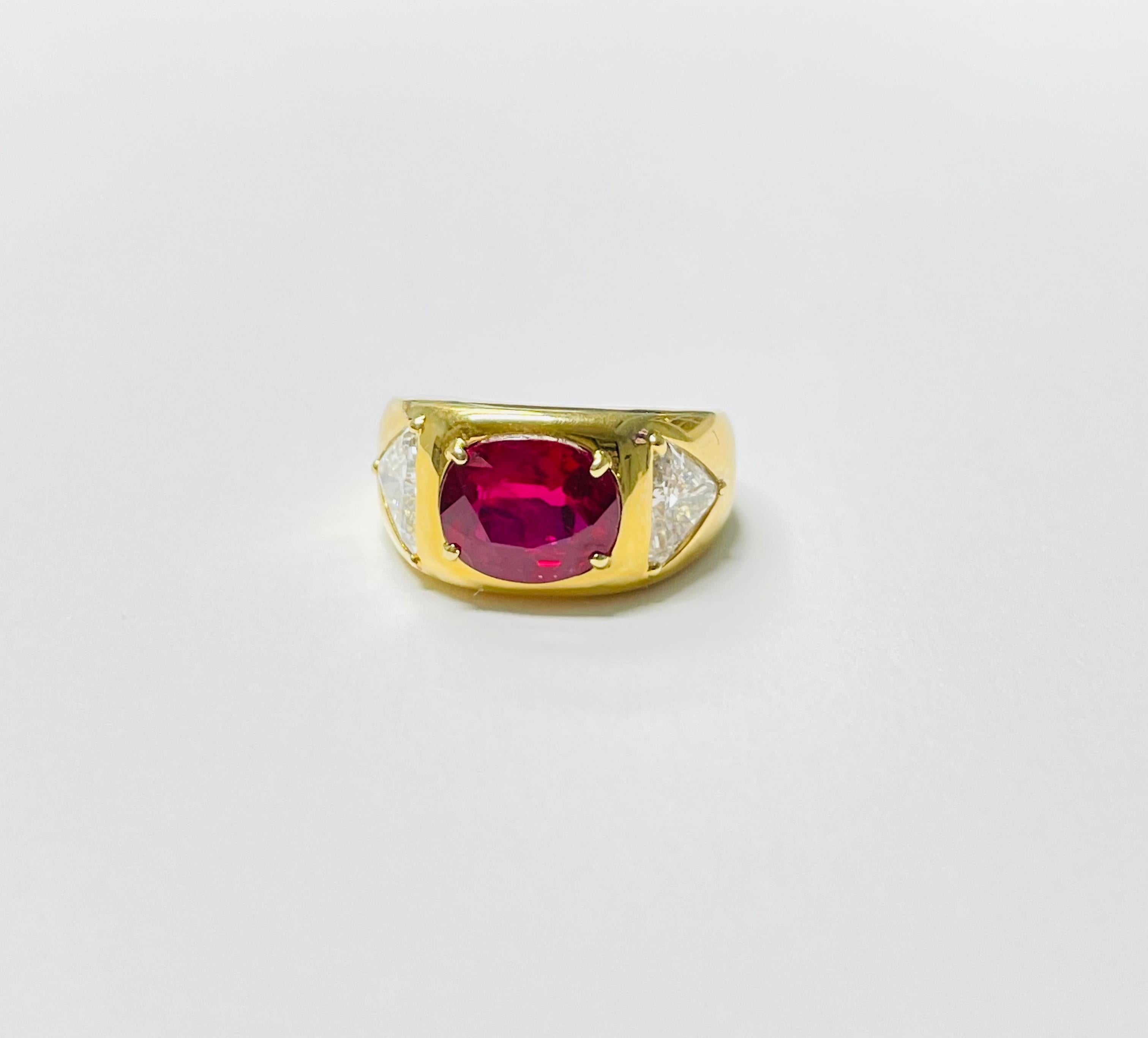 AGL Certified Oval Ruby and Trillion Diamond Engagement Ring in 18K Yellow Gold For Sale 6