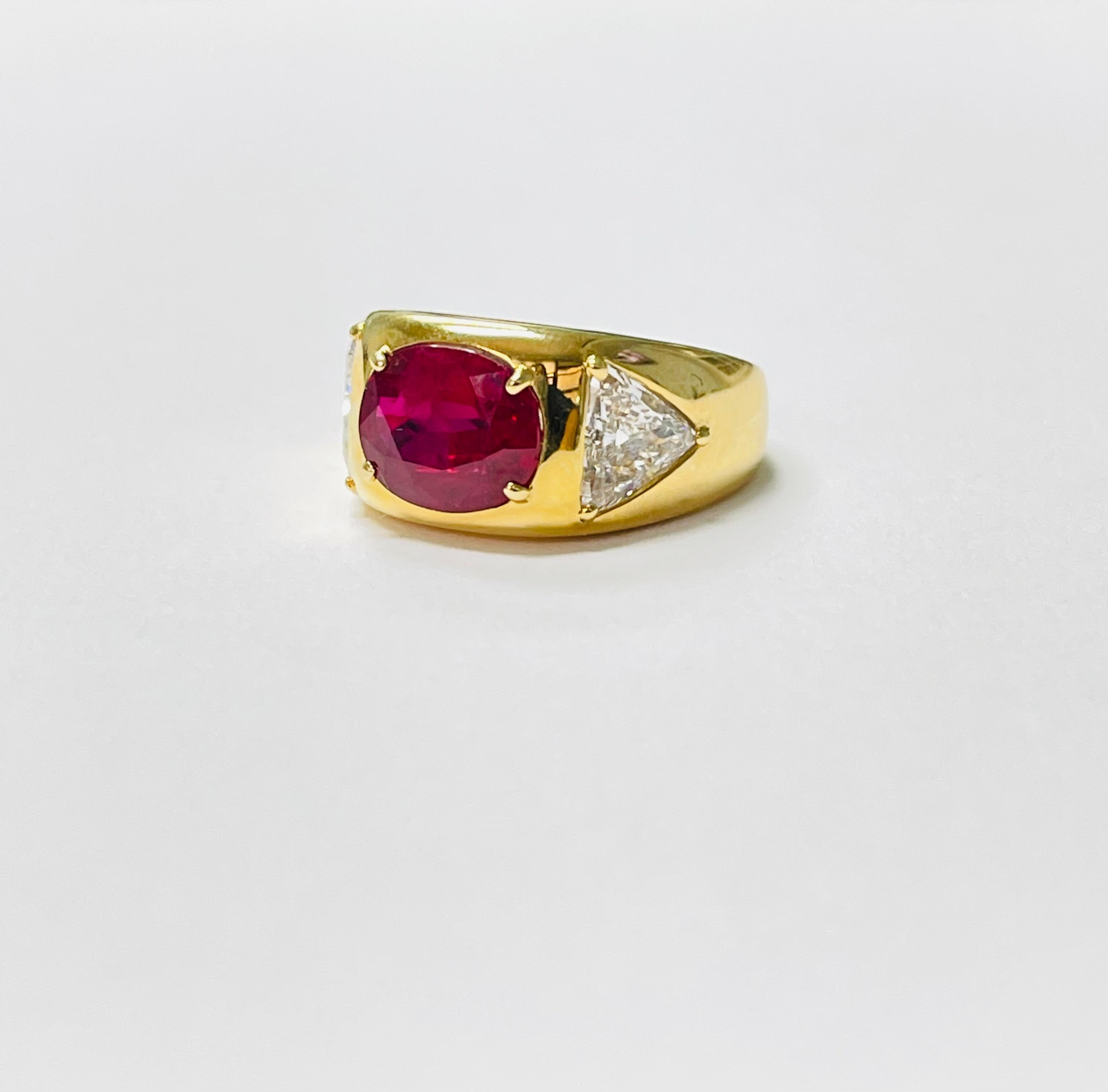 AGL Certified Oval Ruby and Trillion Diamond Engagement Ring in 18K Yellow Gold For Sale 7