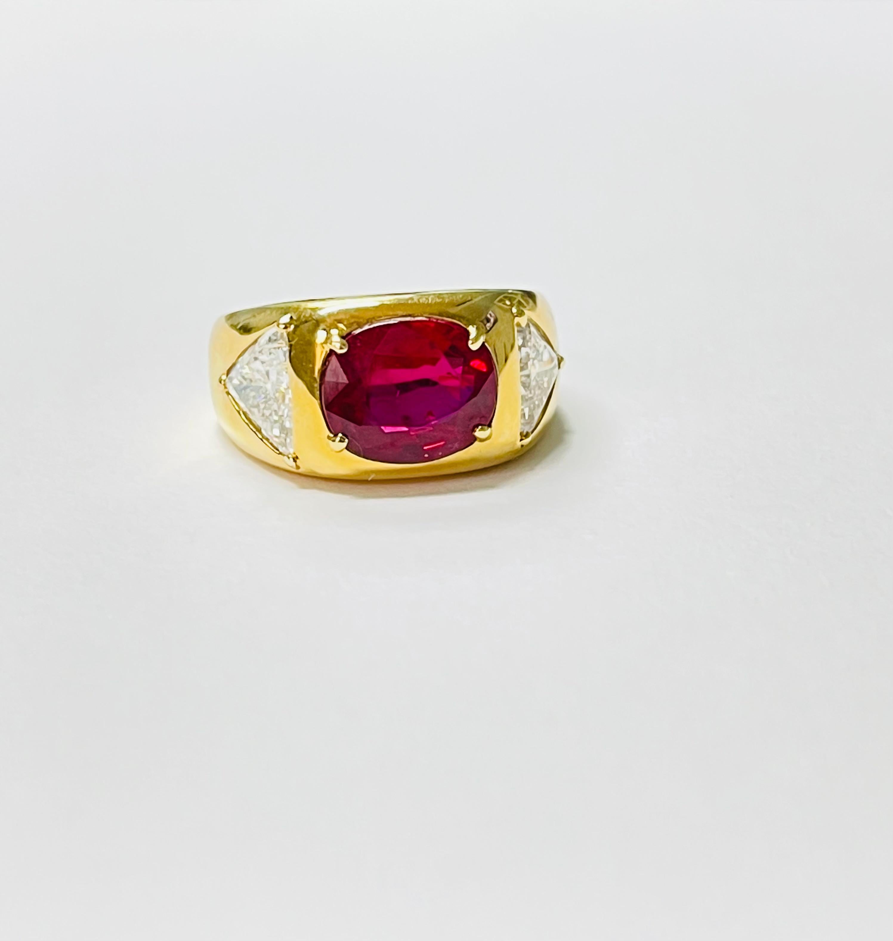 AGL Certified Oval Ruby and Trillion Diamond Engagement Ring in 18K Yellow Gold For Sale 8