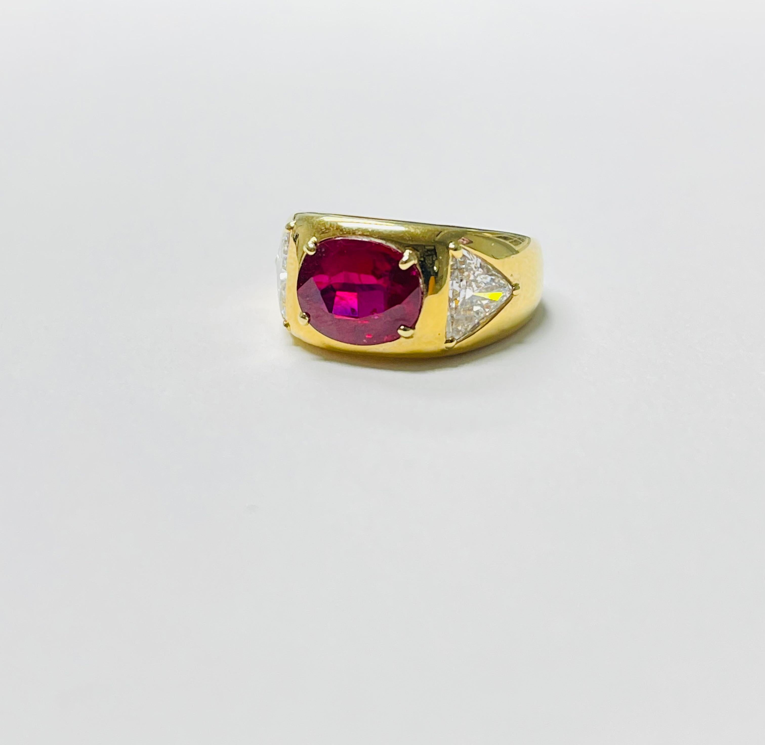 Oval Cut AGL Certified Oval Ruby and Trillion Diamond Engagement Ring in 18K Yellow Gold For Sale