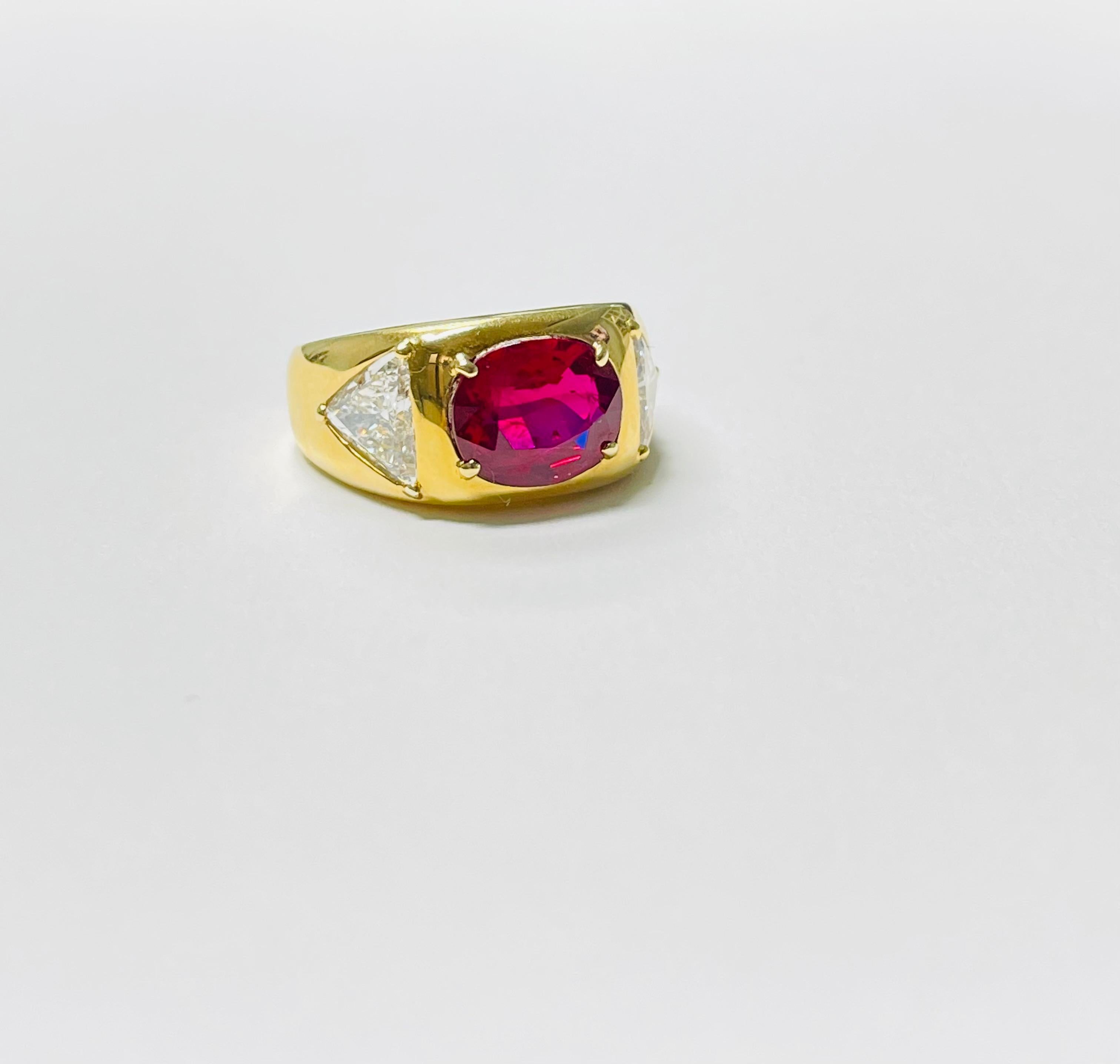 AGL Certified Oval Ruby and Trillion Diamond Engagement Ring in 18K Yellow Gold For Sale 1