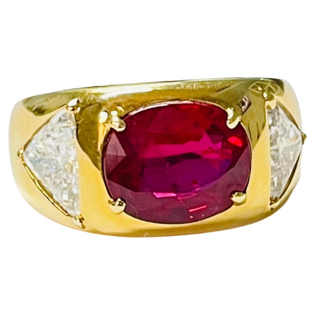 AGL Certified Oval Ruby and Trillion Diamond Engagement Ring in 18K Yellow Gold For Sale