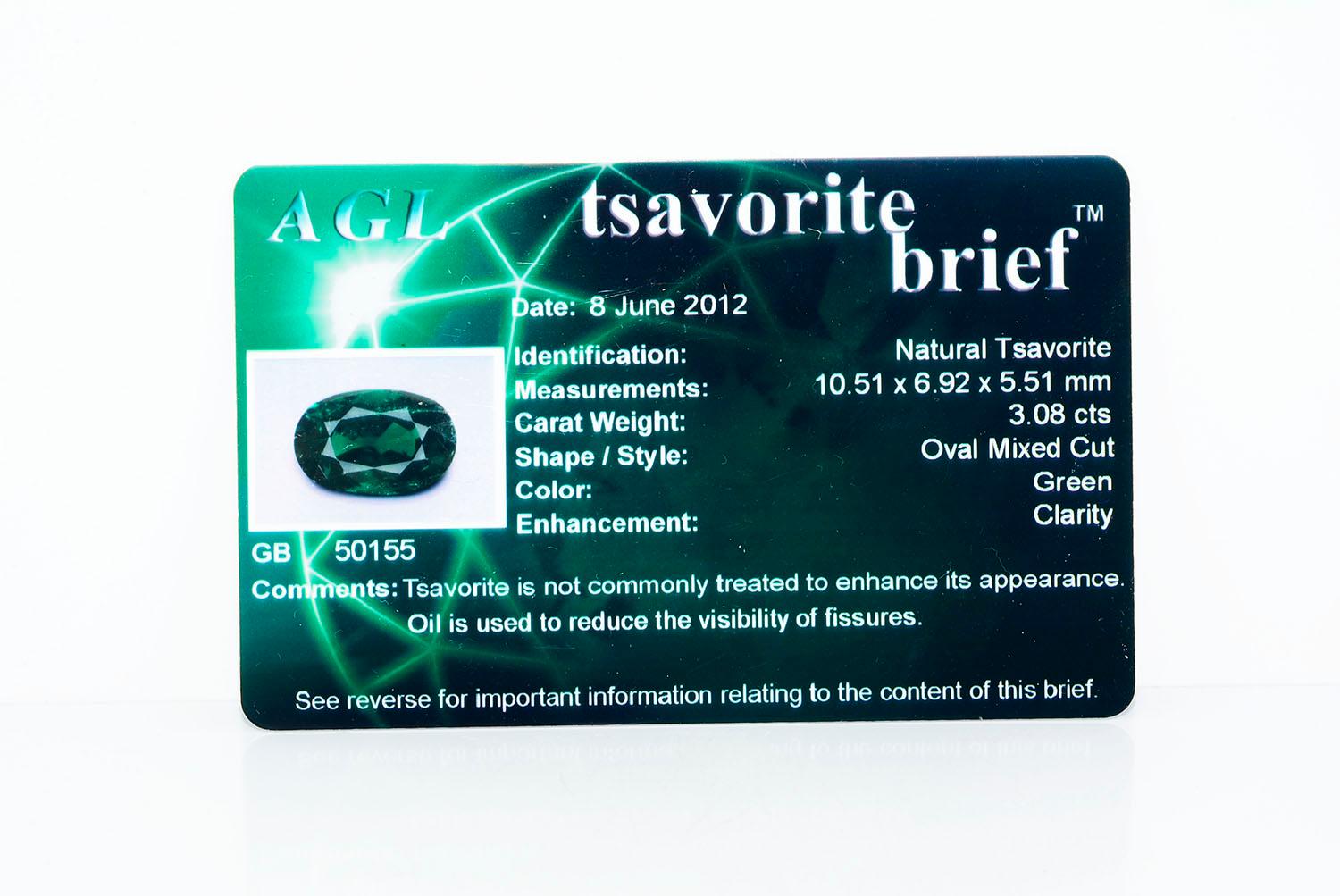 Agl Certified Oval Tsavorite Garnet and Diamond Ring 18 Karat White Gold For Sale 5