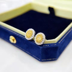 AGL Certified Oval Yellow Diamond & Diamond 18K White Gold Stud Earrings