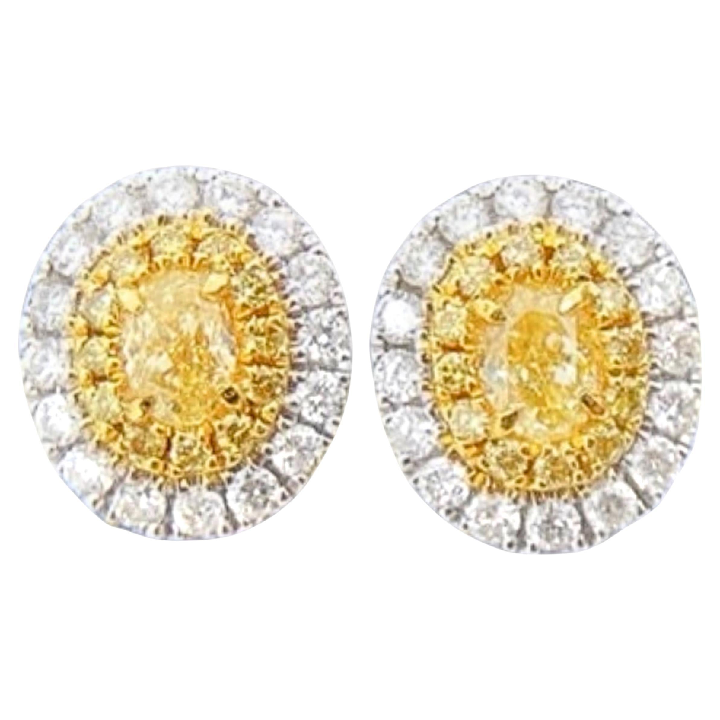 AGL Certified Oval Yellow Diamond & Diamond 18K White Gold Stud Earrings
