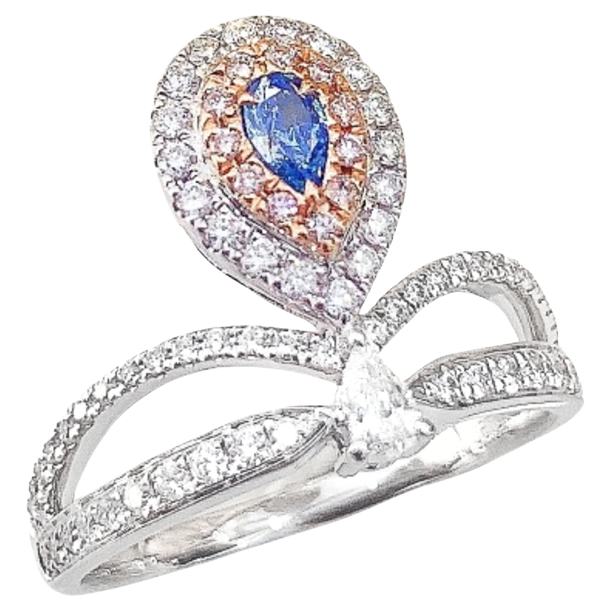 AGL Certified Pear-Cut Blue Diamond 18K Gold Ring with Diamonds
