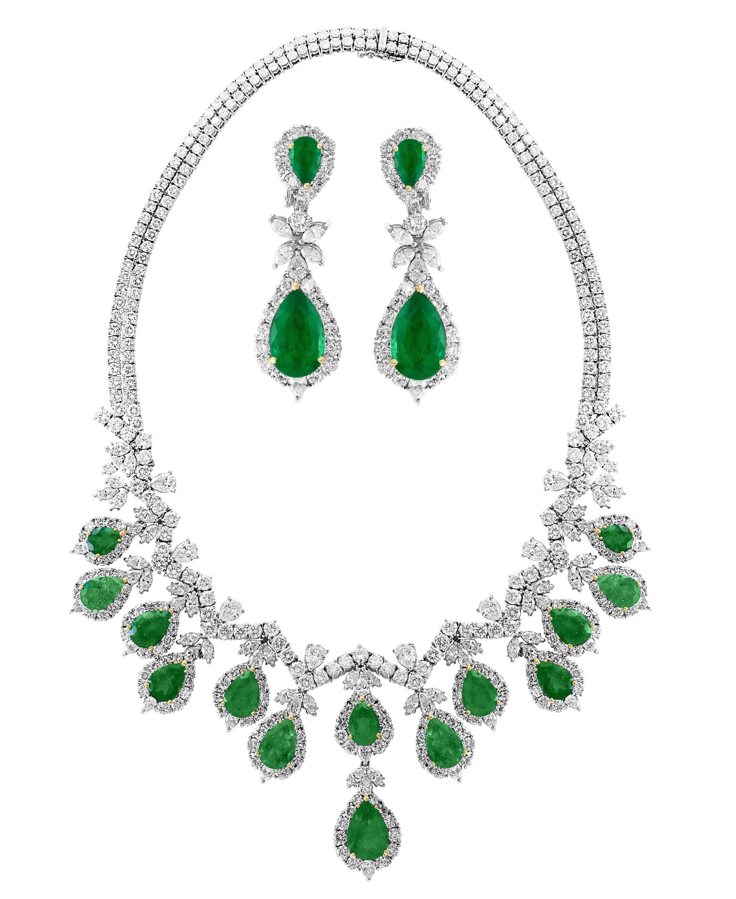 rewrite following 
AGL certified Pear Shape Colombian Emerald & Diamond Necklace & Earring Bridal Suite Platinum
Color: Deep Green, Transparent extreme Fine Color Quality
( Natural emeralds are commonly enhanced: but this one is only Minor clarity