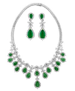 AGL Certified Colombian Emerald & Diamond Necklace & Earring Suite In Platinum