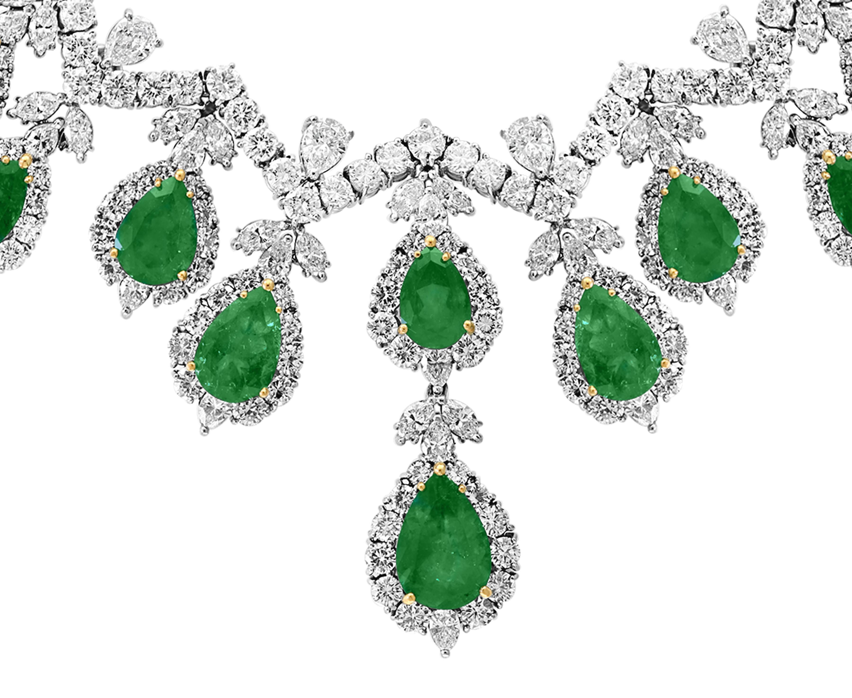 Pear Cut AGL Certified Colombian Emerald & Diamond Necklace & Earring Suite In Platinum For Sale
