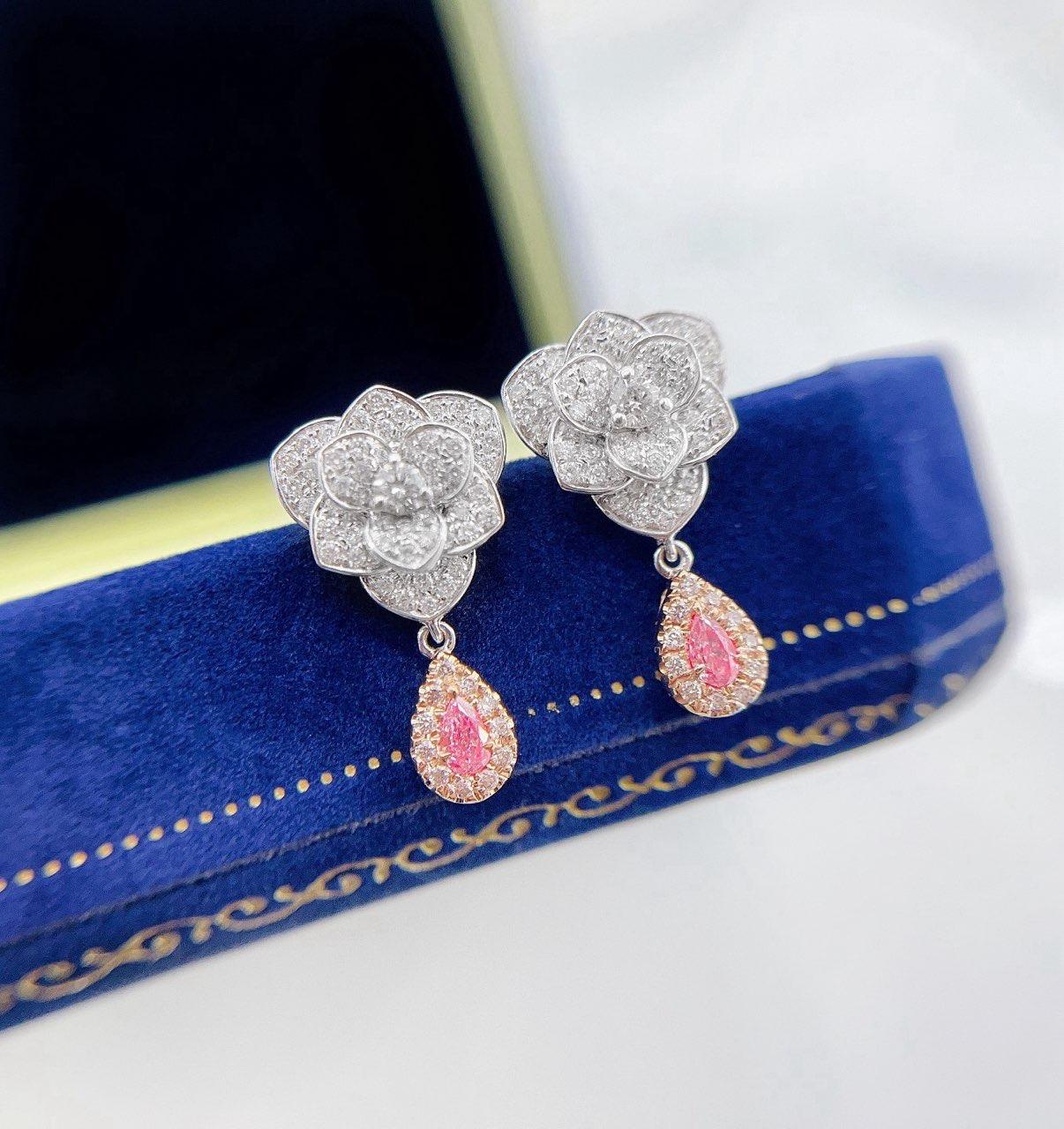 Modern AGL Certified Pink Diamond & Diamond Flower 18K White Gold Earrings For Sale