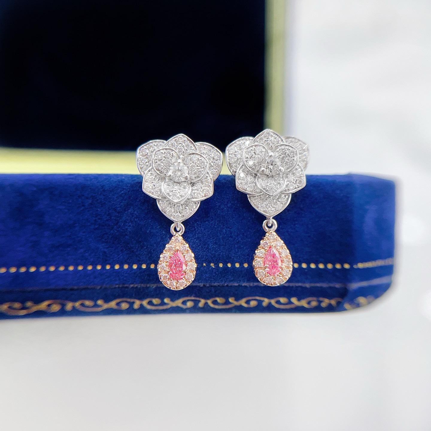Pear Cut AGL Certified Pink Diamond & Diamond Flower 18K White Gold Earrings For Sale