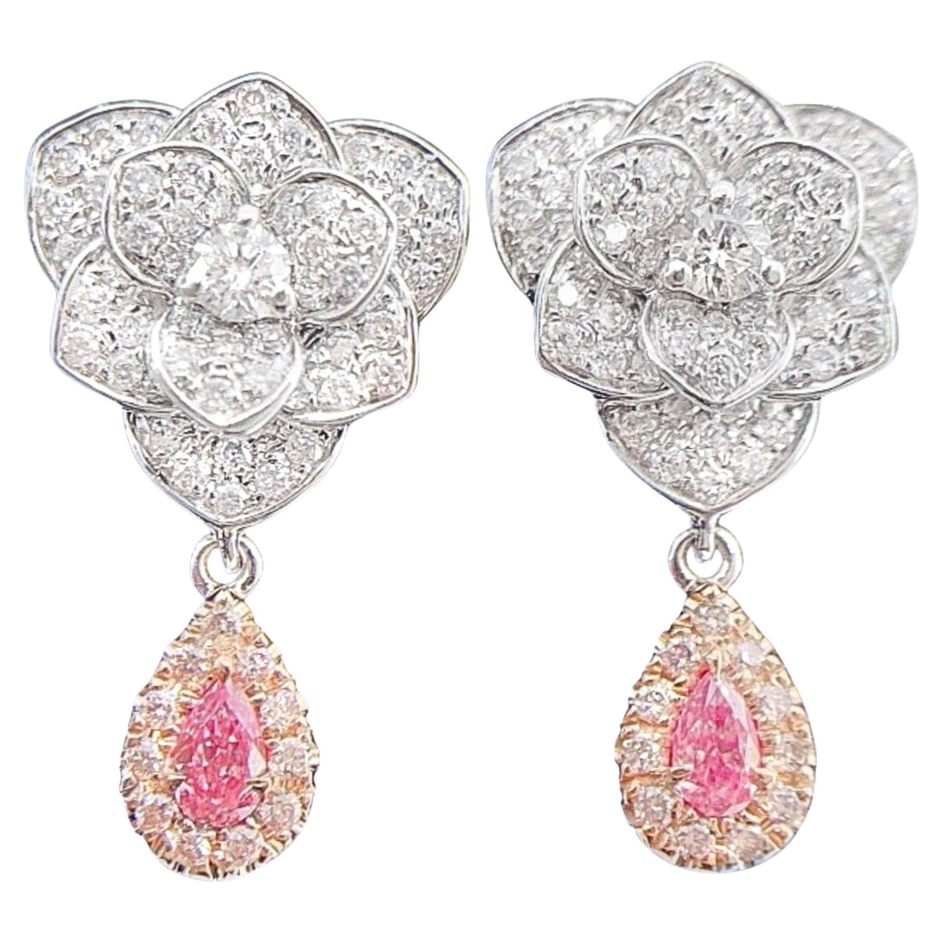 AGL Certified Pink Diamond & Diamond Flower 18K White Gold Earrings For Sale