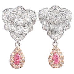 AGL Certified Pink Diamond & Diamond Flower 18K White Gold Earrings