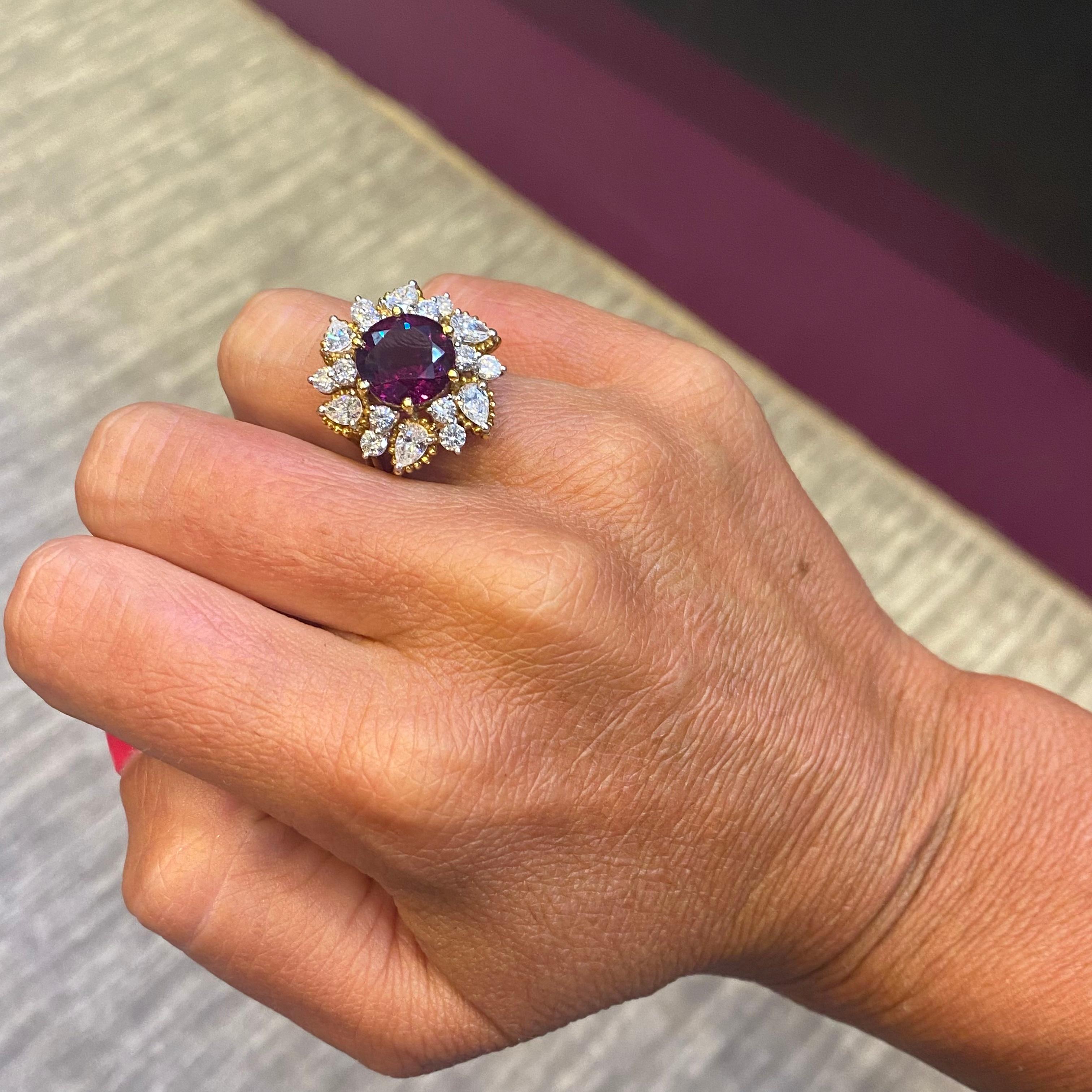 Round Cut AGL Certified Red Sapphire & Diamond Flower Cocktail Ring For Sale