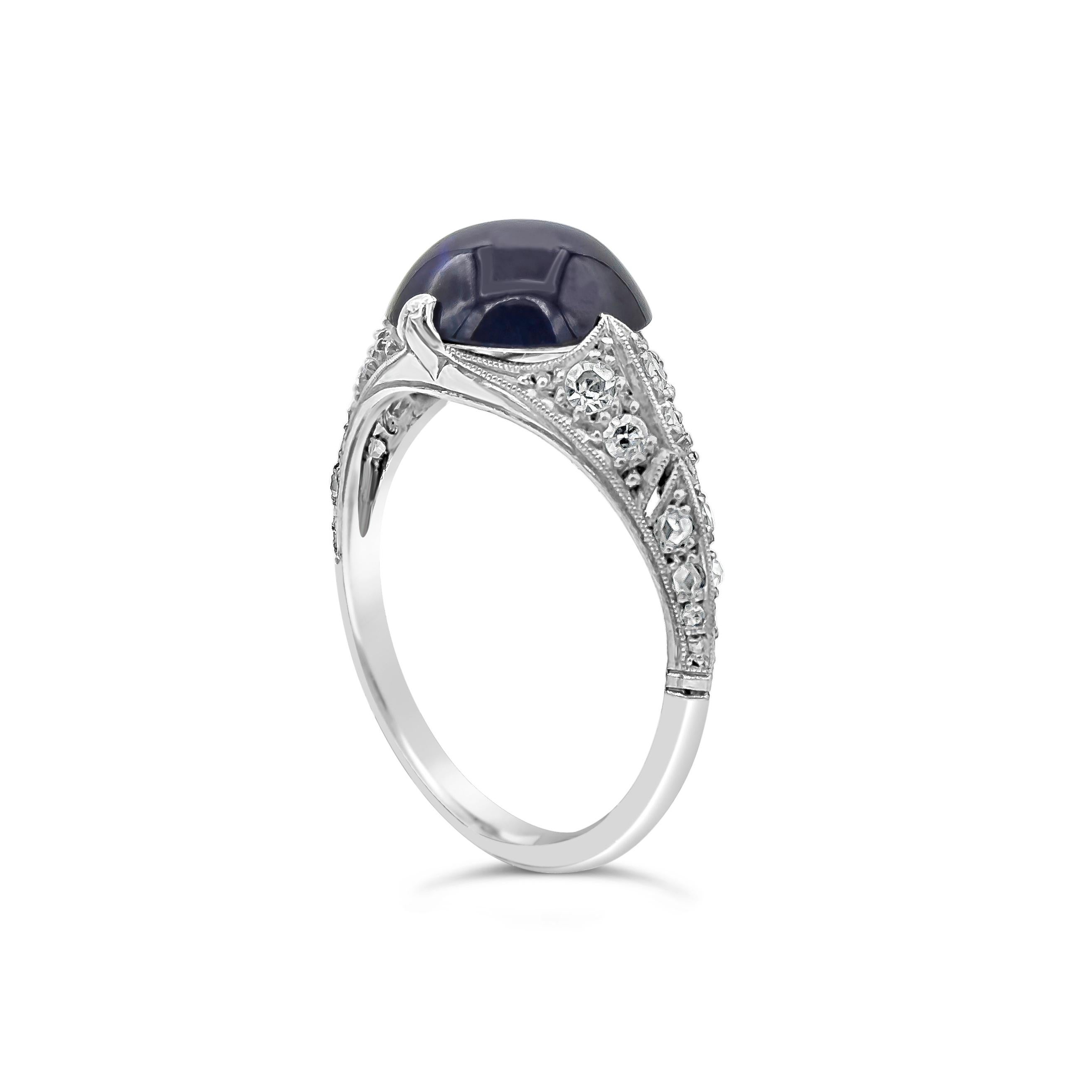 Art Deco GIA Certified 4.42 Carats Total Cabochon Blue Sapphire & Diamond Antique Ring For Sale