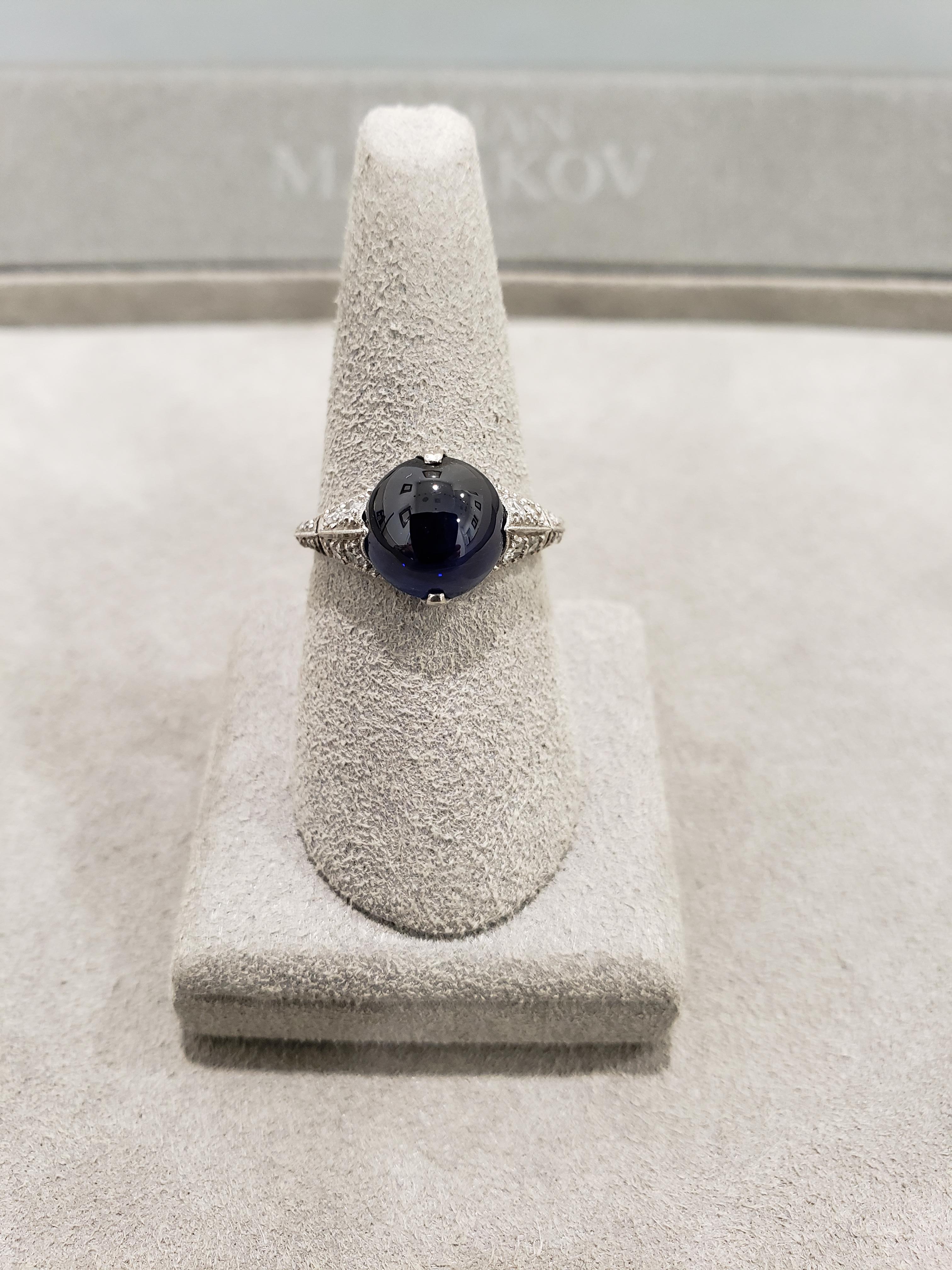 GIA Certified 4.42 Carats Total Cabochon Blue Sapphire & Diamond Antique Ring For Sale 2