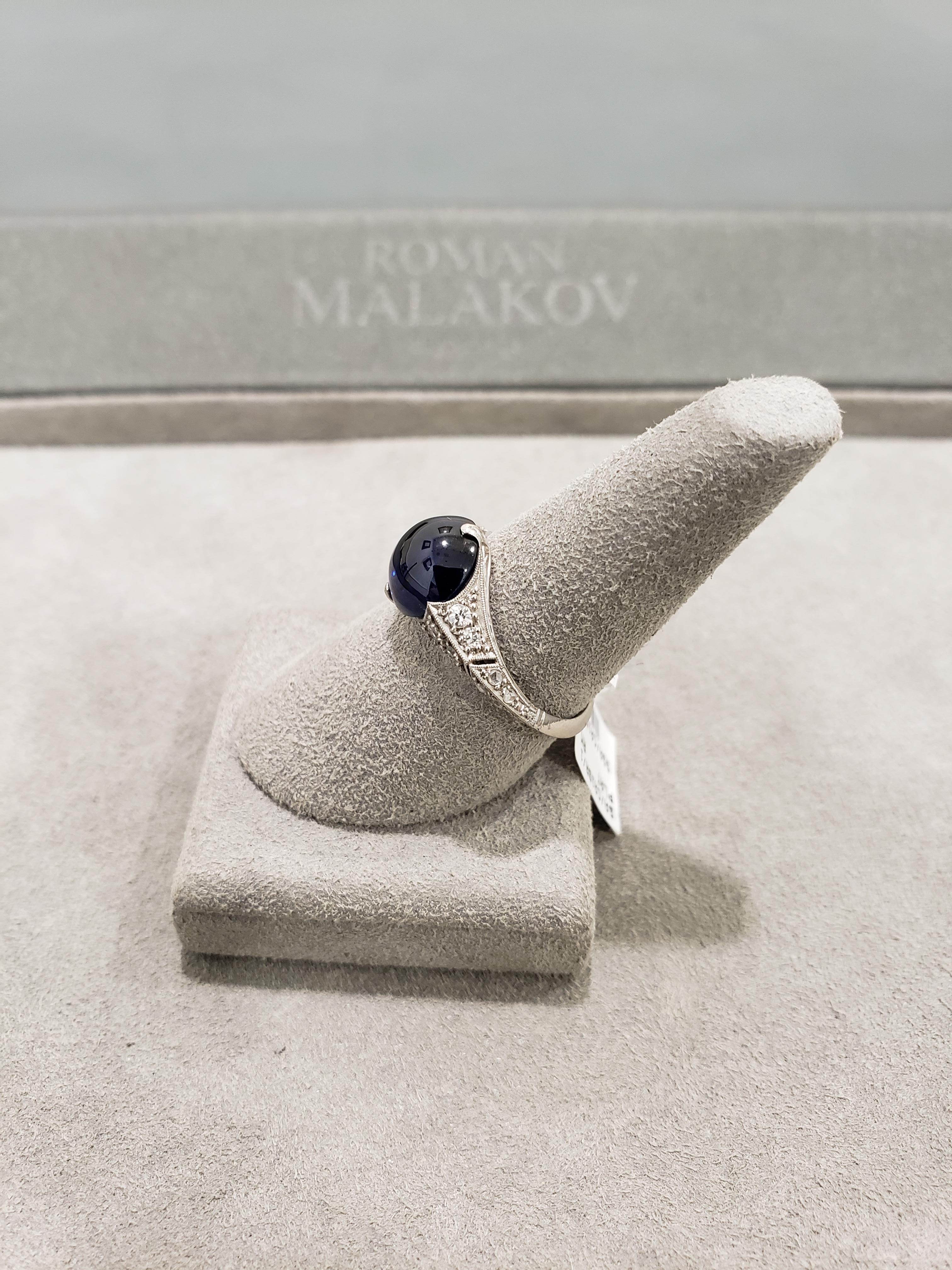GIA Certified 4.42 Carats Total Cabochon Blue Sapphire & Diamond Antique Ring For Sale 4