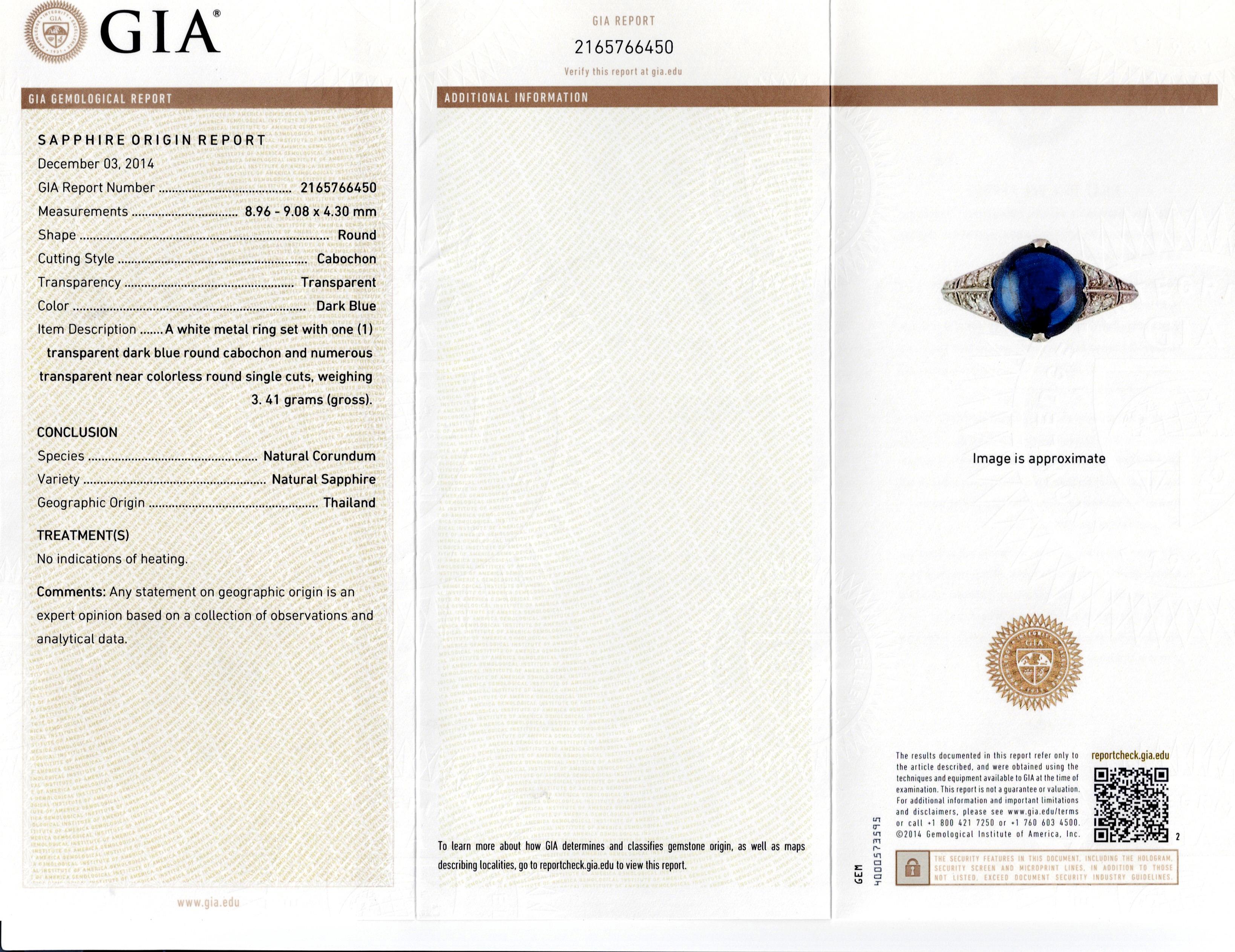 GIA Certified 4.42 Carats Total Cabochon Blue Sapphire & Diamond Antique Ring For Sale 5