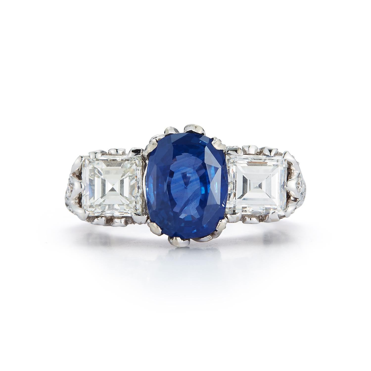 AGL Certified Sapphire & Diamond Three Stone filigree Ring set in platinum.
Art Deco. Made Circa 1920
Sapphire Weight: 3.72 Cts
Diamond WeighT approx .80 cts
Ring Size: 6.25
Re-sizable free of charge 
