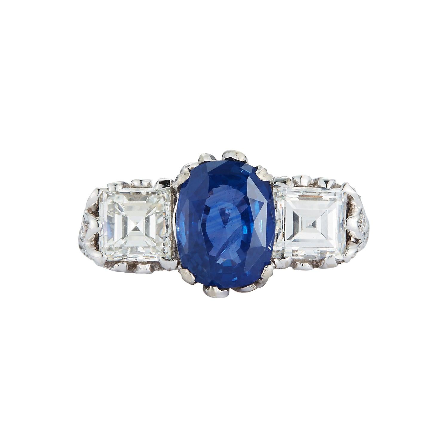 AGL Certified Sapphire and Diamond Three-Stone Art Deco Ring For Sale