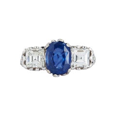 Antique AGL Certified Sapphire and Diamond Three-Stone Art Deco Ring