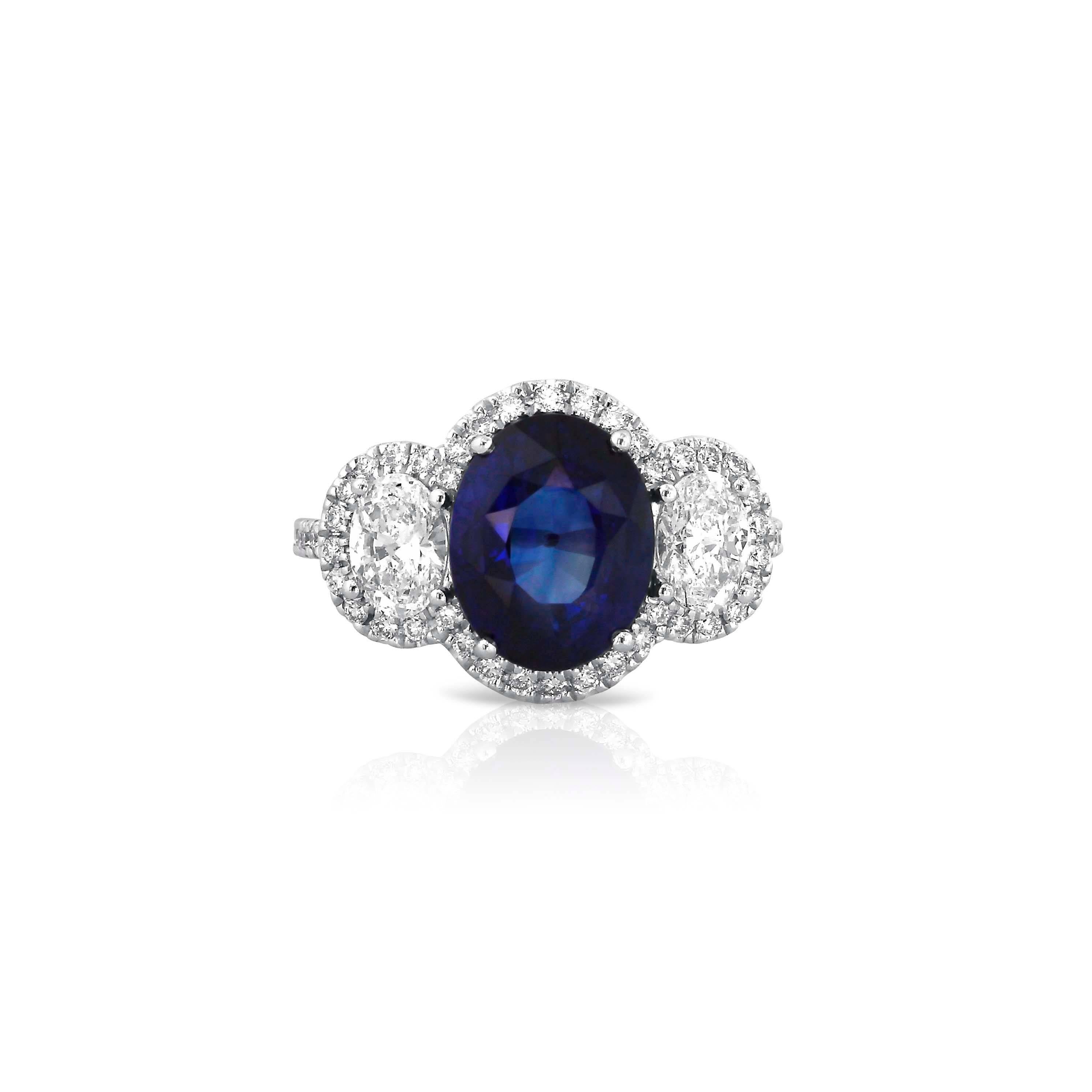 Oval Cut AGL Certified Sapphire Diamond and Platinum Three-Stone Ring For Sale