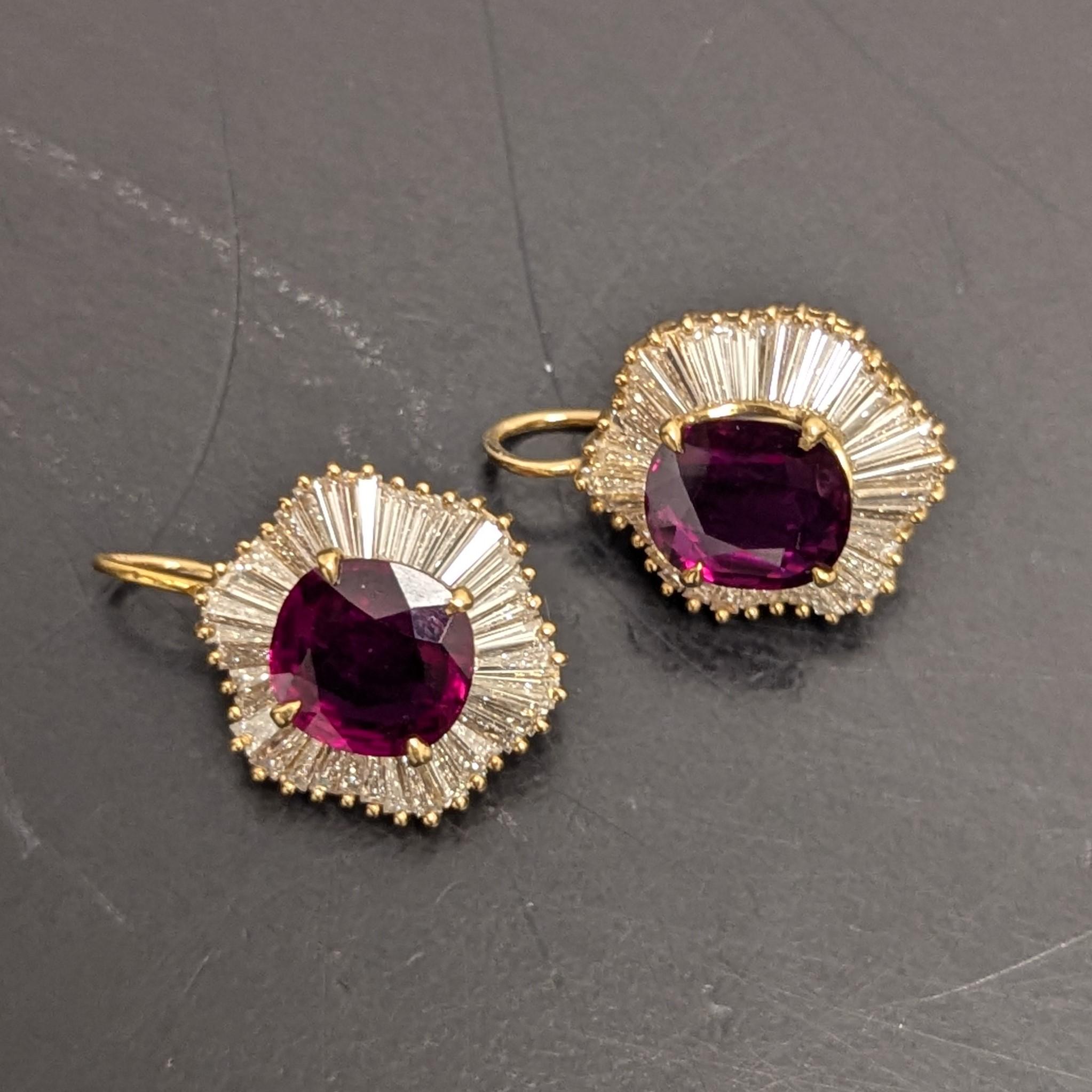 Cushion Cut AGL Certified Thai Ruby Diamond Yellow Gold Ballerina Drop Earrings For Sale