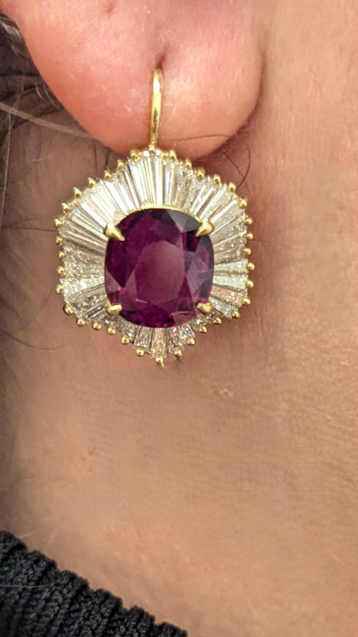 AGL Certified Thai Ruby Diamond Yellow Gold Ballerina Drop Earrings In Excellent Condition For Sale In New York, NY