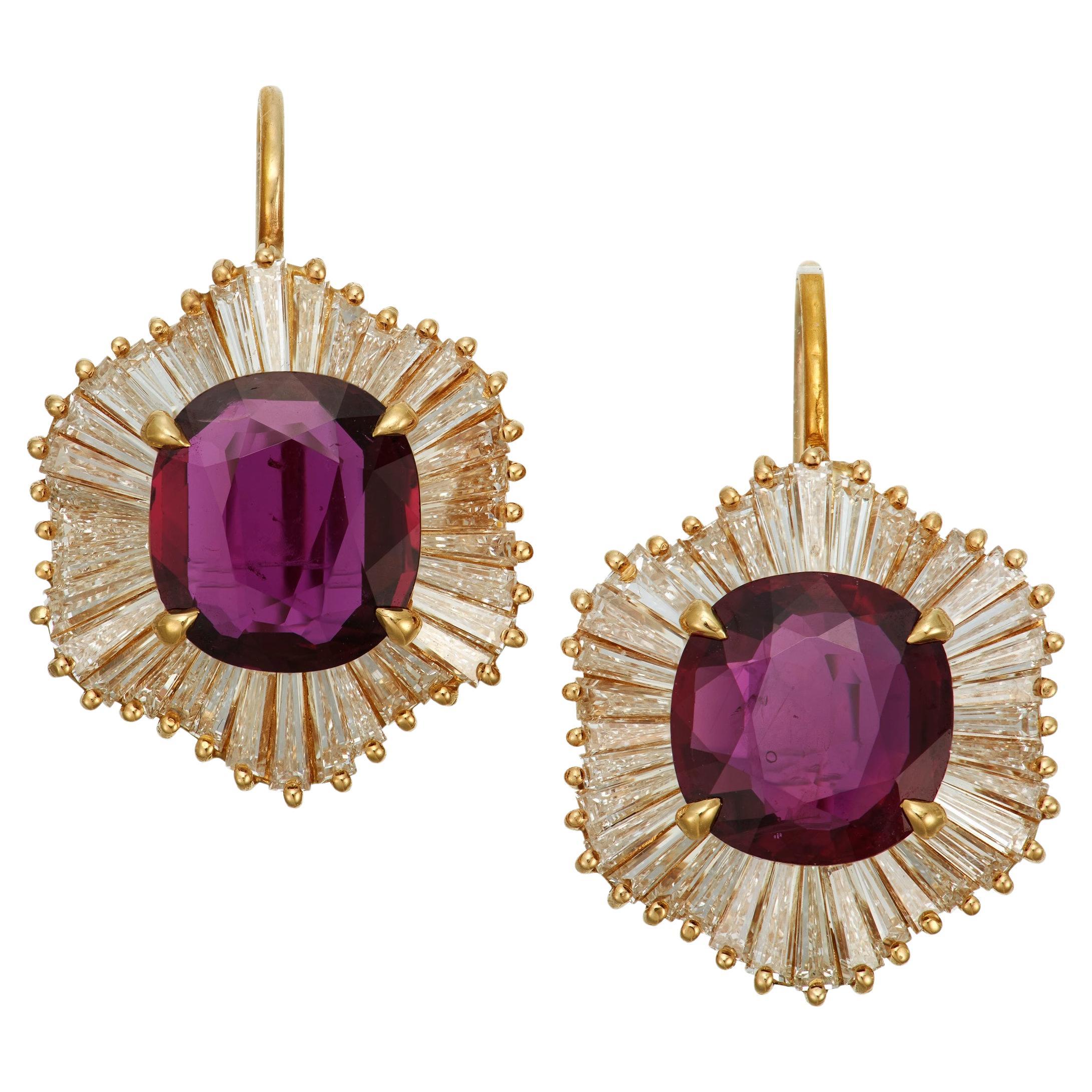 AGL Certified Thai Ruby Diamond Yellow Gold Ballerina Drop Earrings For Sale