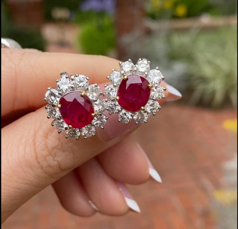 AGL Certified Burmese Unheated Ruby Earrings with Diamonds in Platinum For Sale 3