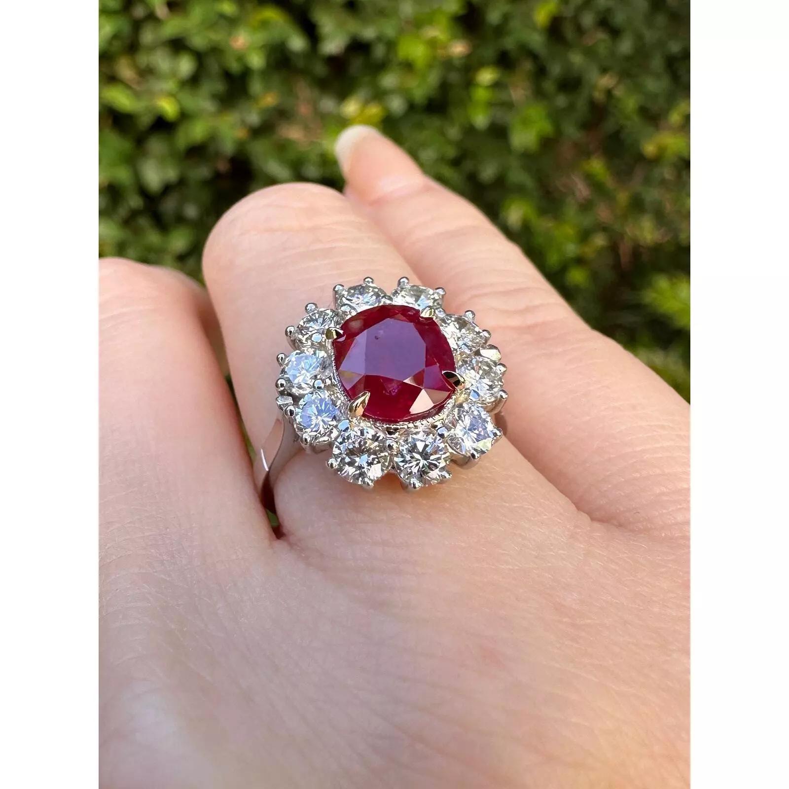 AGL Certified Unheated Cushion Ruby Ring with Diamonds in Platinum For Sale 5