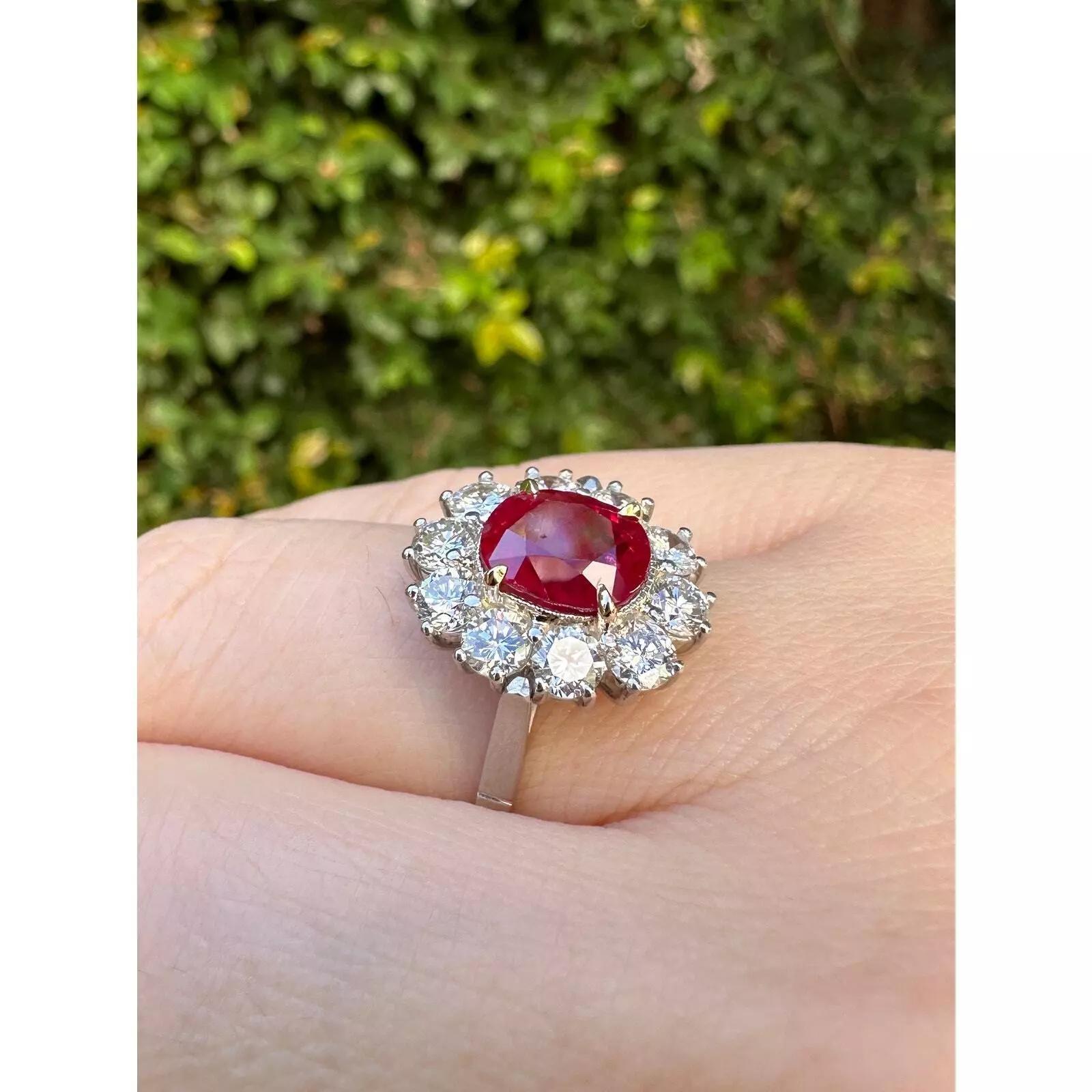 AGL Certified Unheated Cushion Ruby Ring with Diamonds in Platinum For Sale 6