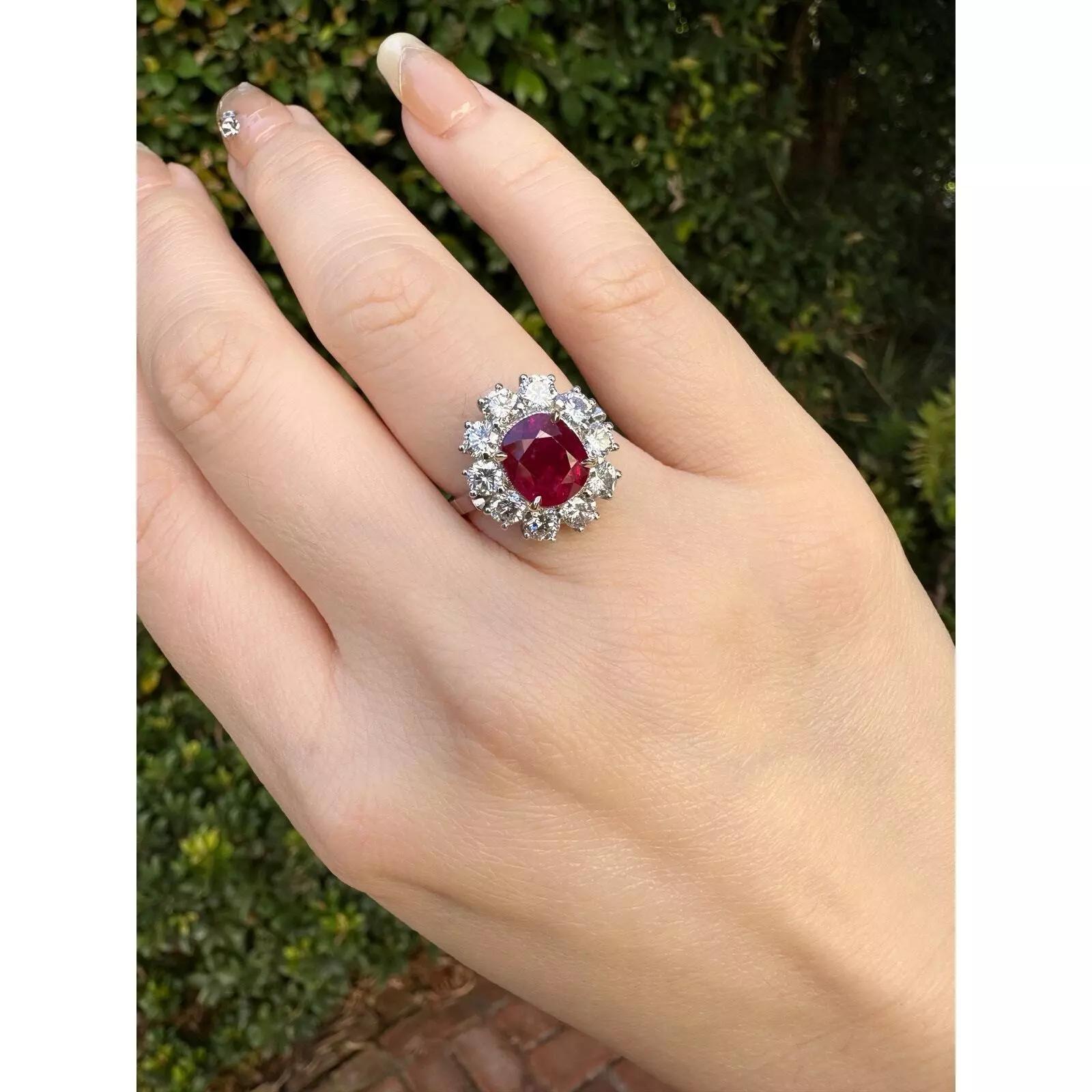 AGL Certified Unheated Cushion Ruby Ring with Diamonds in Platinum For Sale 7