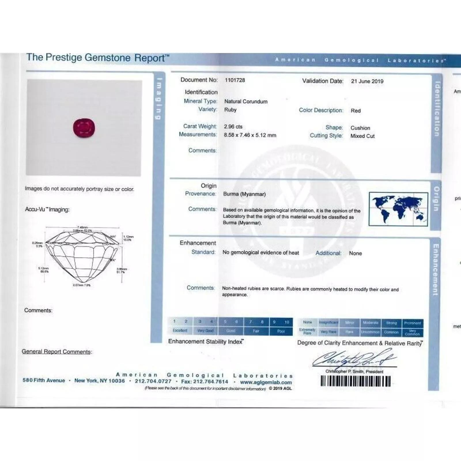 Cushion Cut AGL Certified Unheated Cushion Ruby Ring with Diamonds in Platinum For Sale