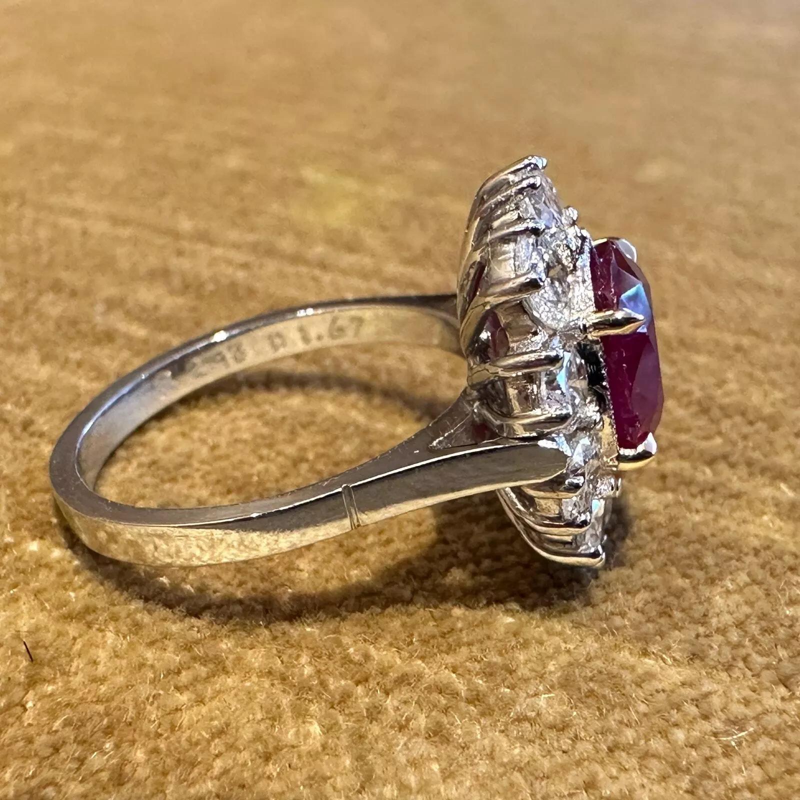 AGL Certified Unheated Cushion Ruby Ring with Diamonds in Platinum For Sale 2