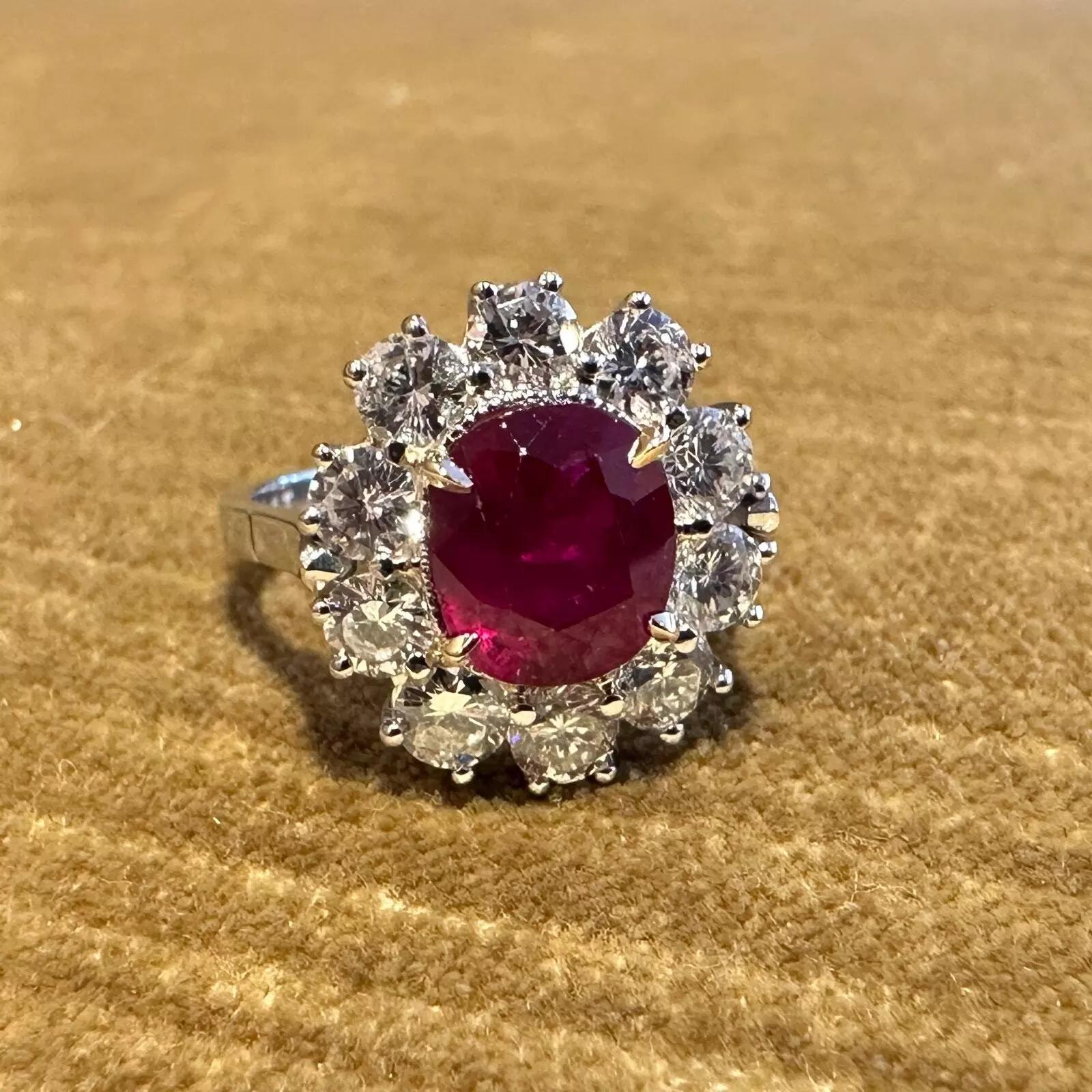 AGL Certified Unheated Cushion Ruby Ring with Diamonds in Platinum For Sale 4