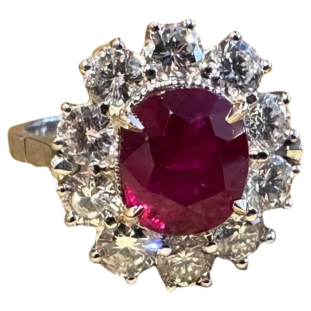 AGL Certified Unheated Cushion Ruby Ring with Diamonds in Platinum
