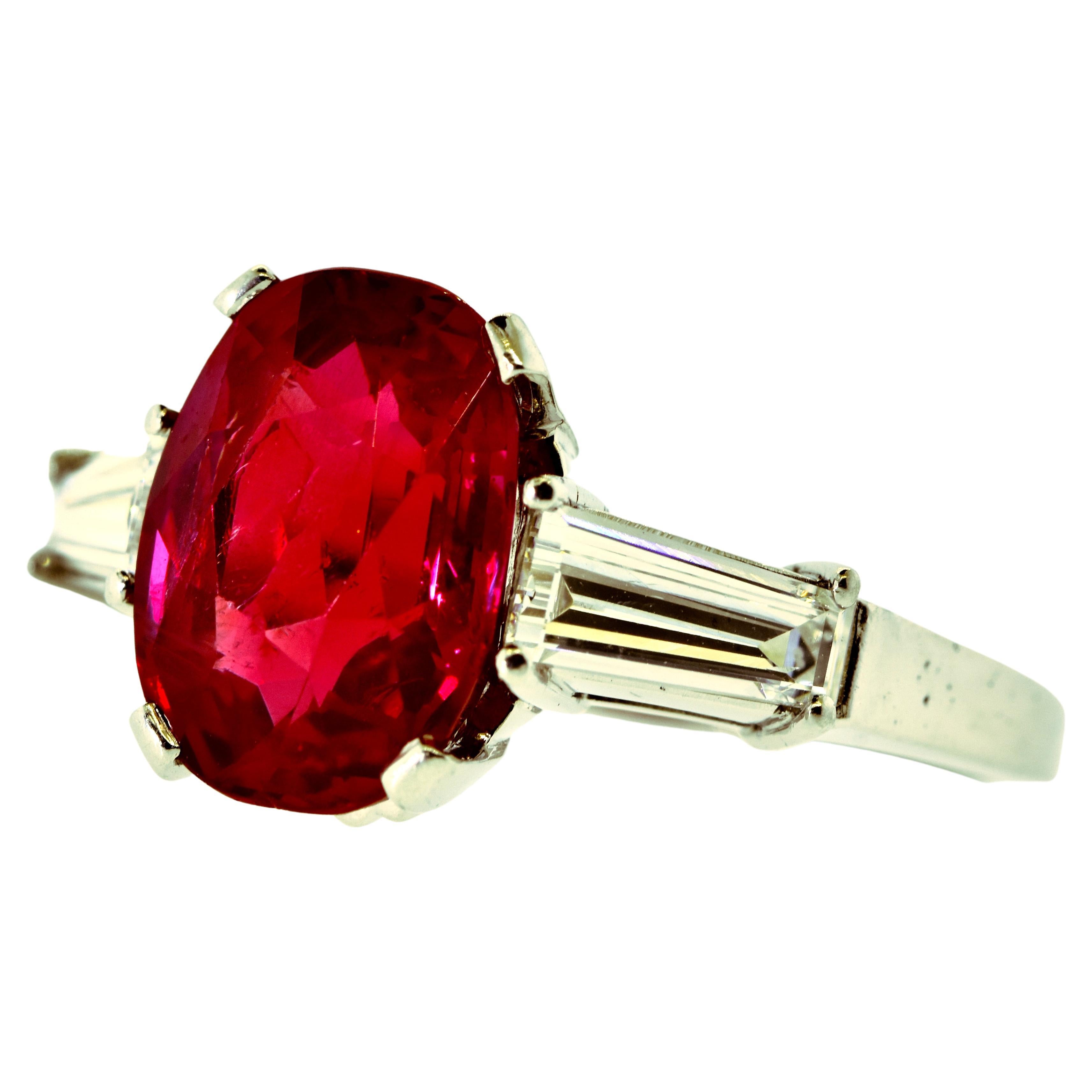 Oval Cut AGL Certified Unheated Gem Burma Ruby, 4.71 Cts., and Diamond Plat, Ring c. 1950