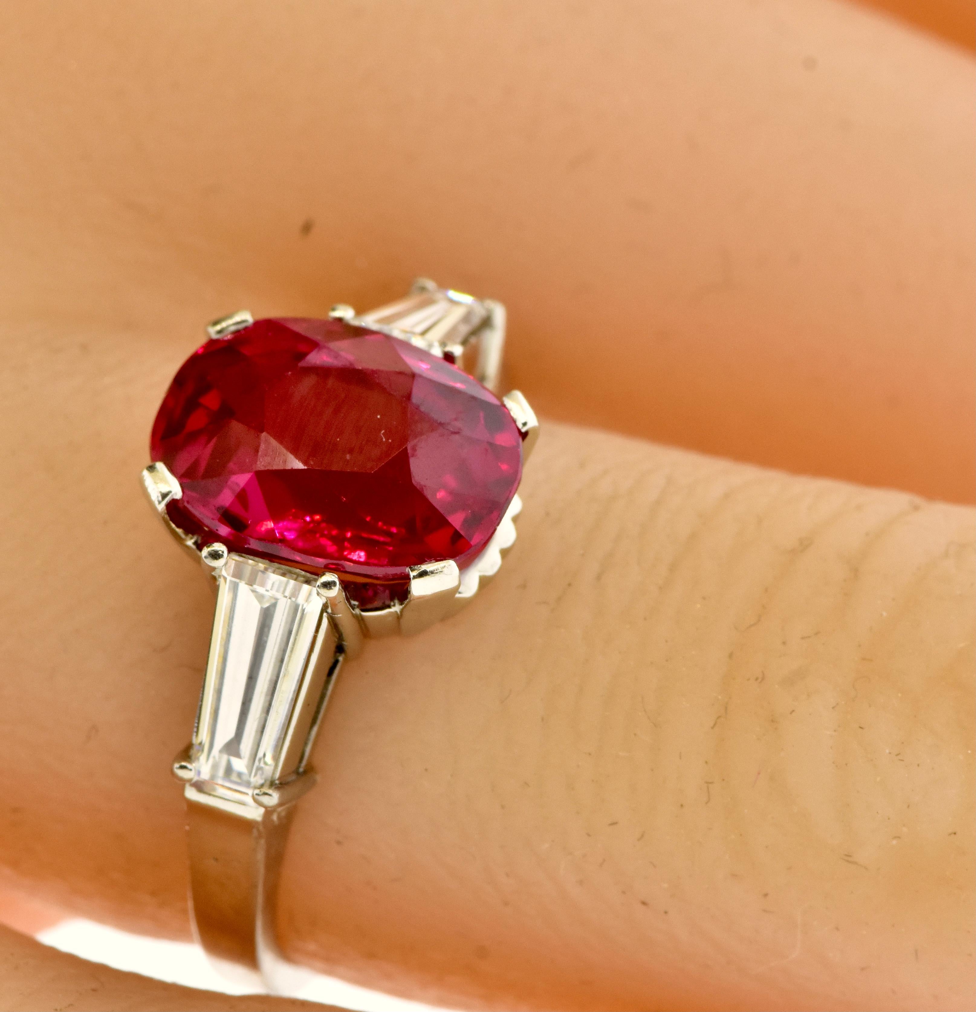 AGL Certified Unheated Gem Burma Ruby, 4.71 Cts., and Diamond Plat, Ring c. 1950 In Excellent Condition In Aspen, CO