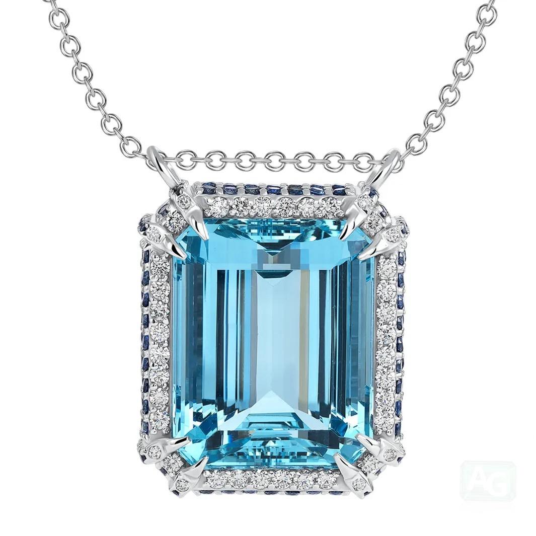 Modern 49.52ct emerald-cut, Aquamarine 18K white gold pendant. AGL certified. For Sale