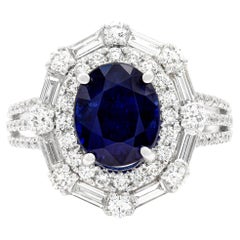 Certifié AGL Vintage 3,70 Ct. Bague cocktail ovale en saphir et diamants