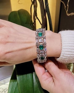AGL Certified Vintage Colombian Emerald Diamond Bracelet, circa 1950
