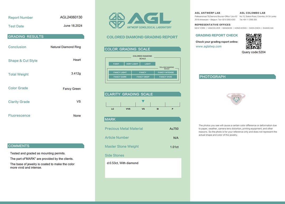AGL Certified VS Fancy Green Diamond Heart 18K Gold Ring For Sale 3